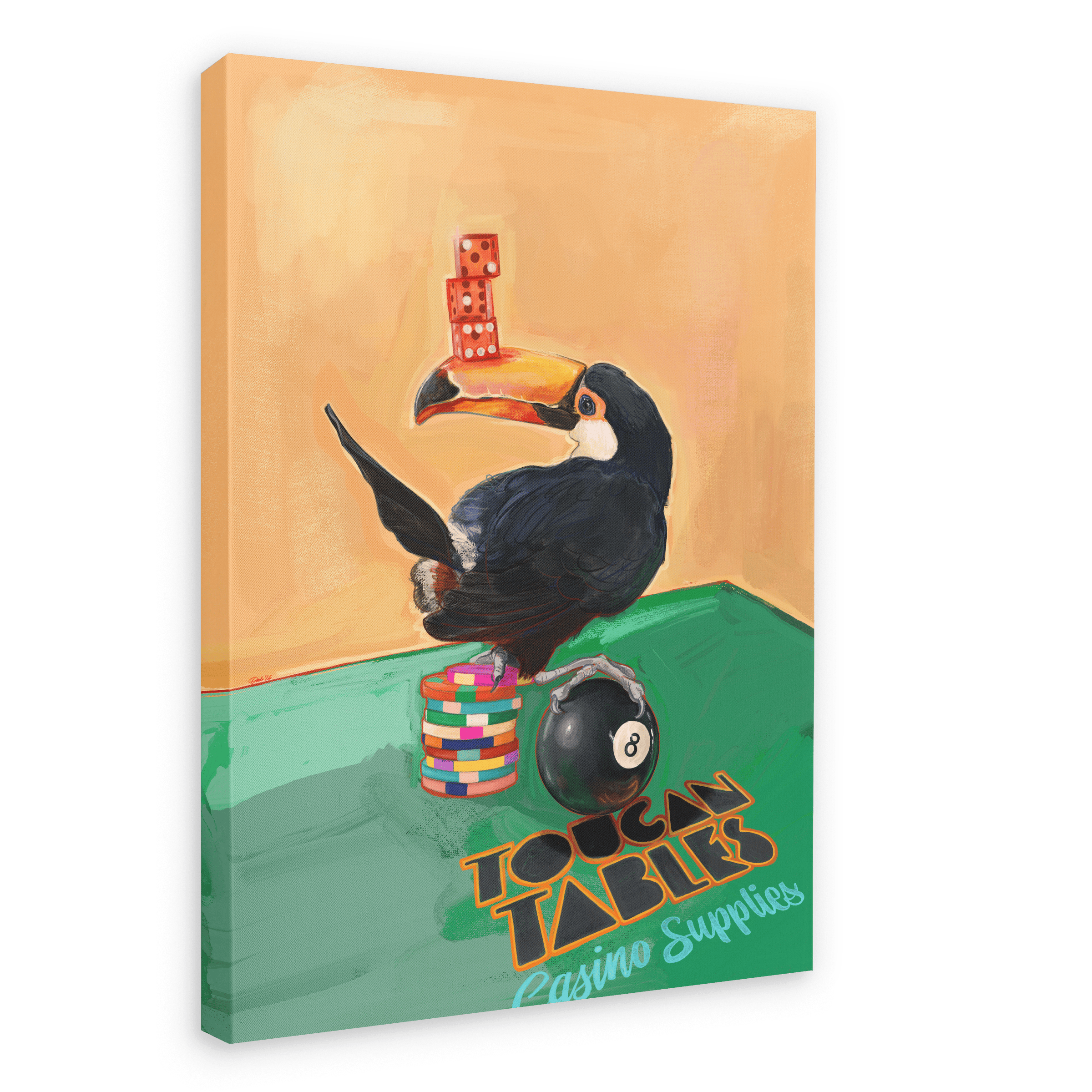 A toucan perches on a stack of poker chips, balancing dice on its beak and sitting next to an 8-ball in this Hôtel Dodo “Toucan Tables Giclée Canvas Print.”.