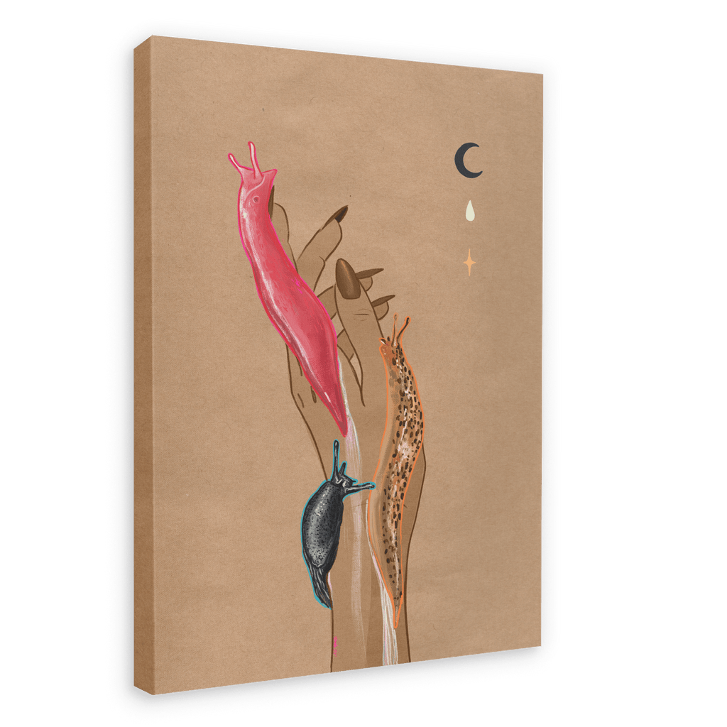 The "Midnight Slugs Matte Canvas Print" by Beauty and the Beastie features a hand with long nails holding three slugs—Black Arion, leopard, and Australian pink—under a crescent moon, droplet, and star on a plain brown background.