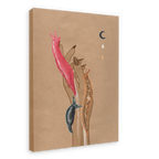 The "Midnight Slugs Matte Canvas Print" by Beauty and the Beastie features a hand with long nails holding three slugs—Black Arion, leopard, and Australian pink—under a crescent moon, droplet, and star on a plain brown background.