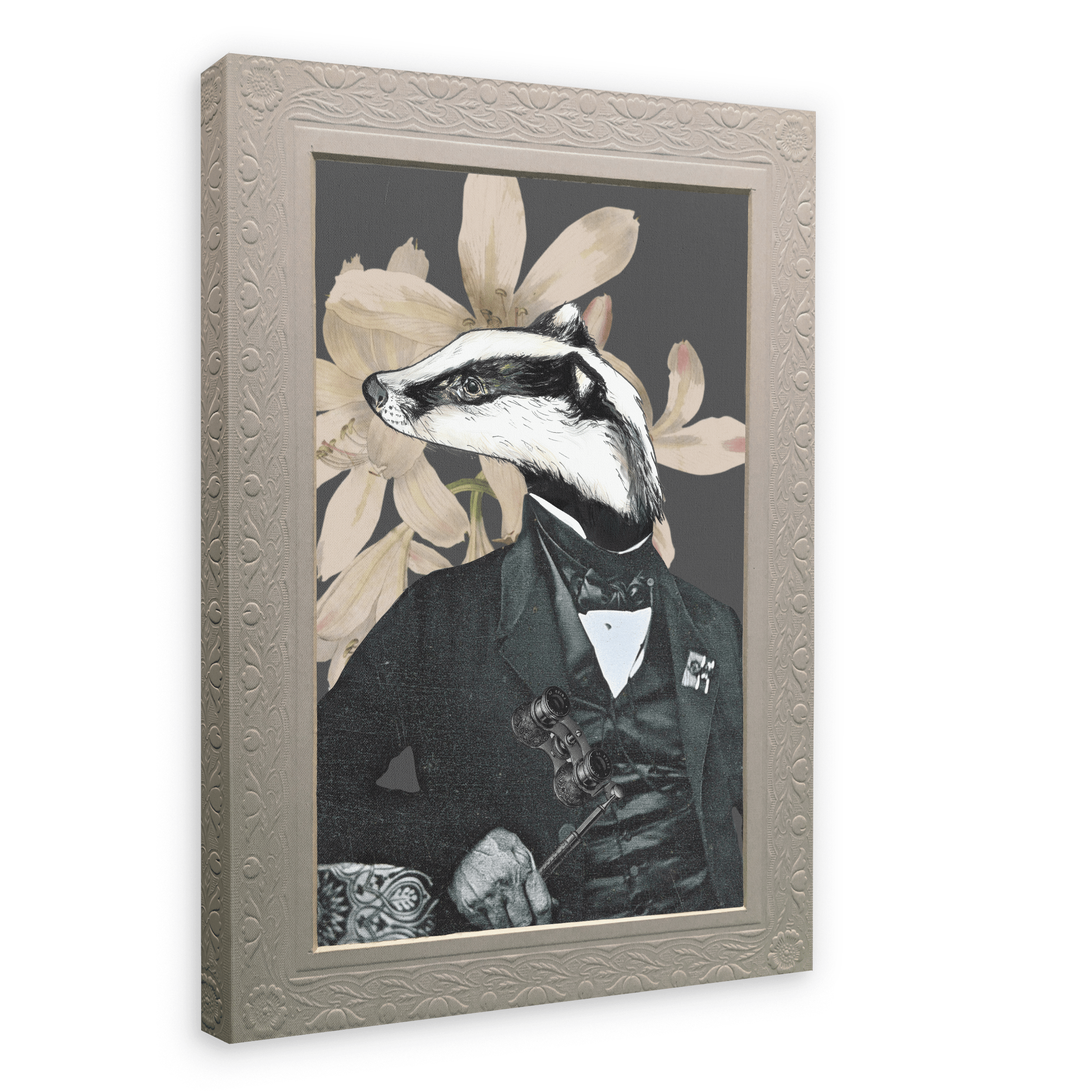 Introducing the “Badger In A Suit Canvas Print” by Animals In Suits—a striking collage art piece featuring an anthropomorphic badger dressed in a dapper suit and holding a cane, set against bold vintage botanical illustrations. This framed print makes a captivating addition to any space.