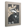 Introducing the “Badger In A Suit Canvas Print” by Animals In Suits—a striking collage art piece featuring an anthropomorphic badger dressed in a dapper suit and holding a cane, set against bold vintage botanical illustrations. This framed print makes a captivating addition to any space.