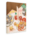Depiction of a lively seafood restaurant scene featuring the Shromp’s Seafood Chomps Giclée Canvas Print by Hôtel Dodo, illustrating a table set with seafood, oysters, drinks, hot sauce, and a cat seated on a chair reading a menu titled “Shrimps.”.