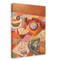 Experience the quirky spirit of spooky season with Hôtel Dodo’s The Harvest Club Giclée Canvas Print—a vibrant still life that features a horned cocktail, red rotary phone, cupcake, lipstick, keys, jewelry, voodoo doll, and a small pumpkin arranged on a patterned table with playful paranormal touches.