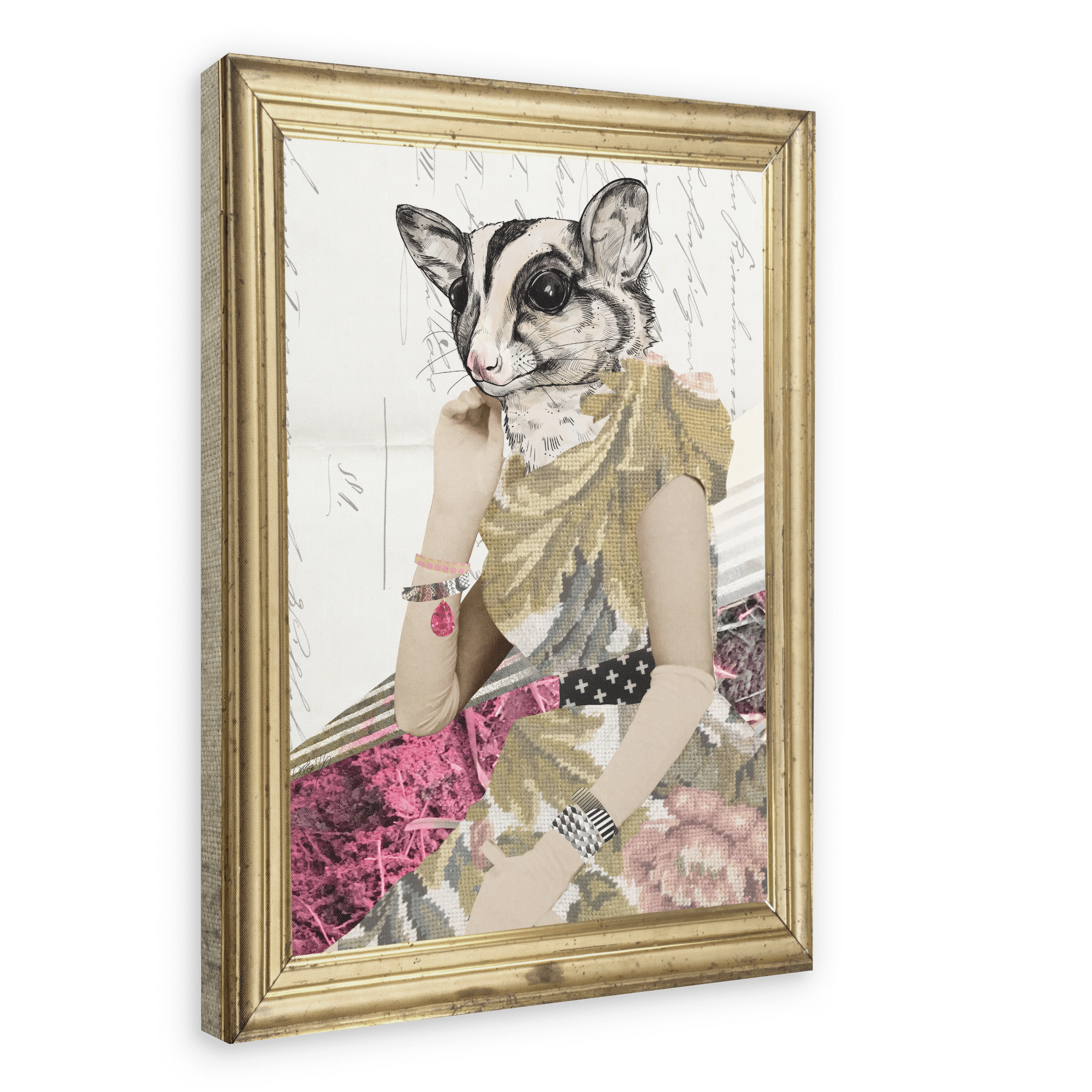 The Lady Promqueen Glider Canvas Print by Animals In Suits features a figure with a sugar glider head and human body dressed in a colorful outfit with bracelets and a ring, set against a patterned, handwritten collage-style background.