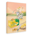 Bring a whimsical touch to your space with the “Butterlicious Giclée Canvas Print” by Hôtel Dodo, featuring a charming cow in a chef hat standing behind a butter box decorated with vintage butter curls and topped with caramel, surrounded by sliced bread, a knife, delicate flowers, and set against a picturesque country landscape.