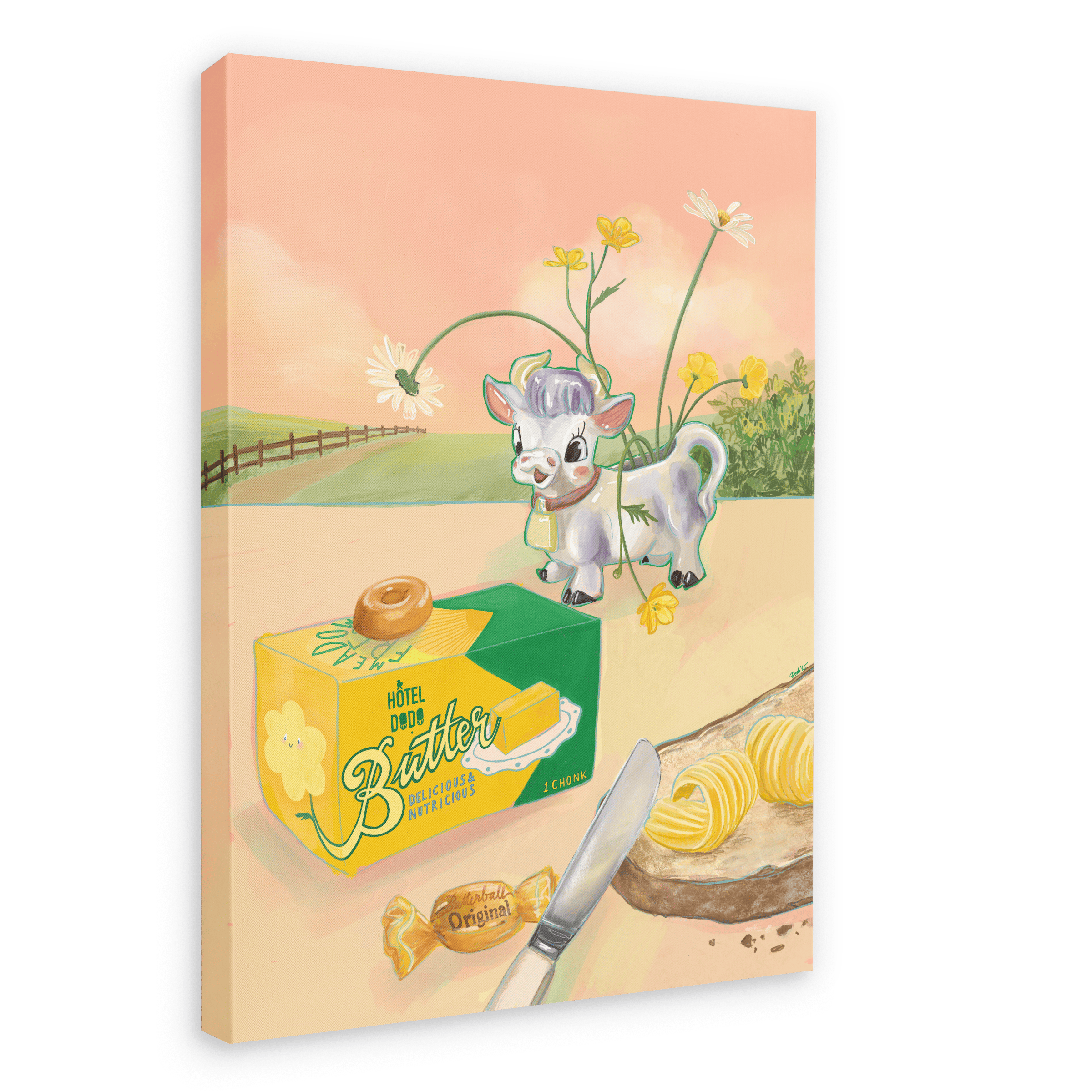 Bring a whimsical touch to your space with the “Butterlicious Giclée Canvas Print” by Hôtel Dodo, featuring a charming cow in a chef hat standing behind a butter box decorated with vintage butter curls and topped with caramel, surrounded by sliced bread, a knife, delicate flowers, and set against a picturesque country landscape.
