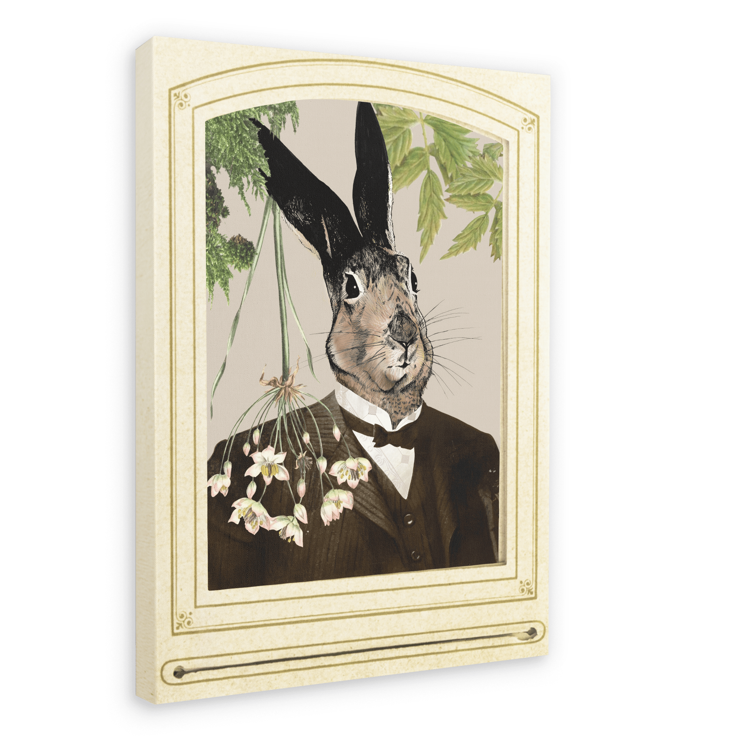 The Hare In A Suit Canvas Print by Animals In Suits features a portrait of Mister Hare, a rabbit with black-tipped ears dressed in a dark suit, posed before cascading flowers and lush greenery crafted from vintage botanical illustrations, all elegantly framed with an ornate cream border.