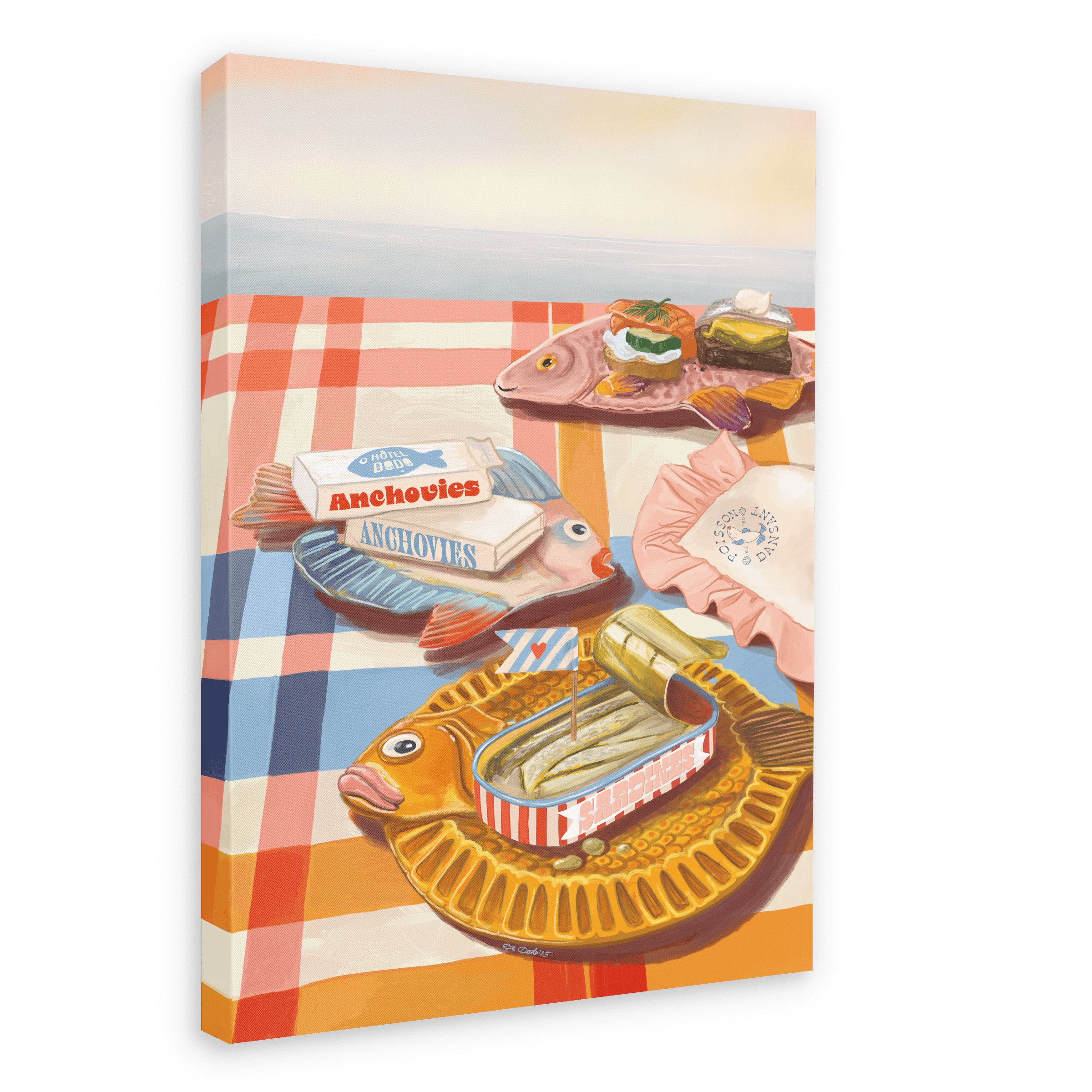 The “Dishy Fishy Giclée Canvas Print” by Hôtel Dodo depicts a picnic table adorned with retro fish plates filled with tinned fish, anchovies, and other treats on a red and white checked tablecloth by the water—perfectly capturing the charm of summer girl dinners.