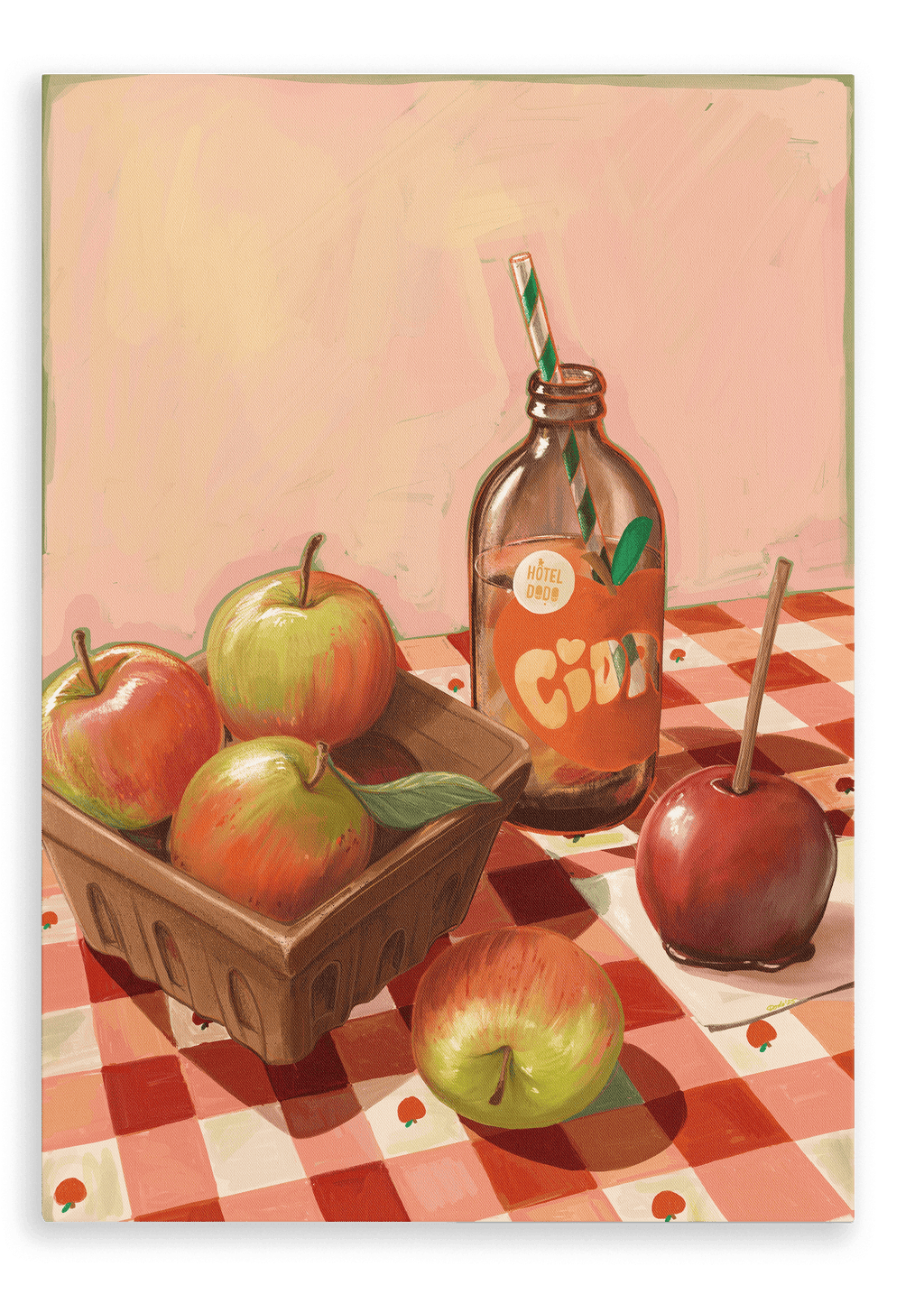 An Apple Core Giclée Canvas Print by Hôtel Dodo rests atop a red and white checkered tablecloth, capturing the nostalgic charm of an apple orchard harvest.