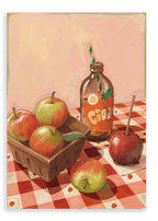 An Apple Core Giclée Canvas Print by Hôtel Dodo rests atop a red and white checkered tablecloth, capturing the nostalgic charm of an apple orchard harvest.