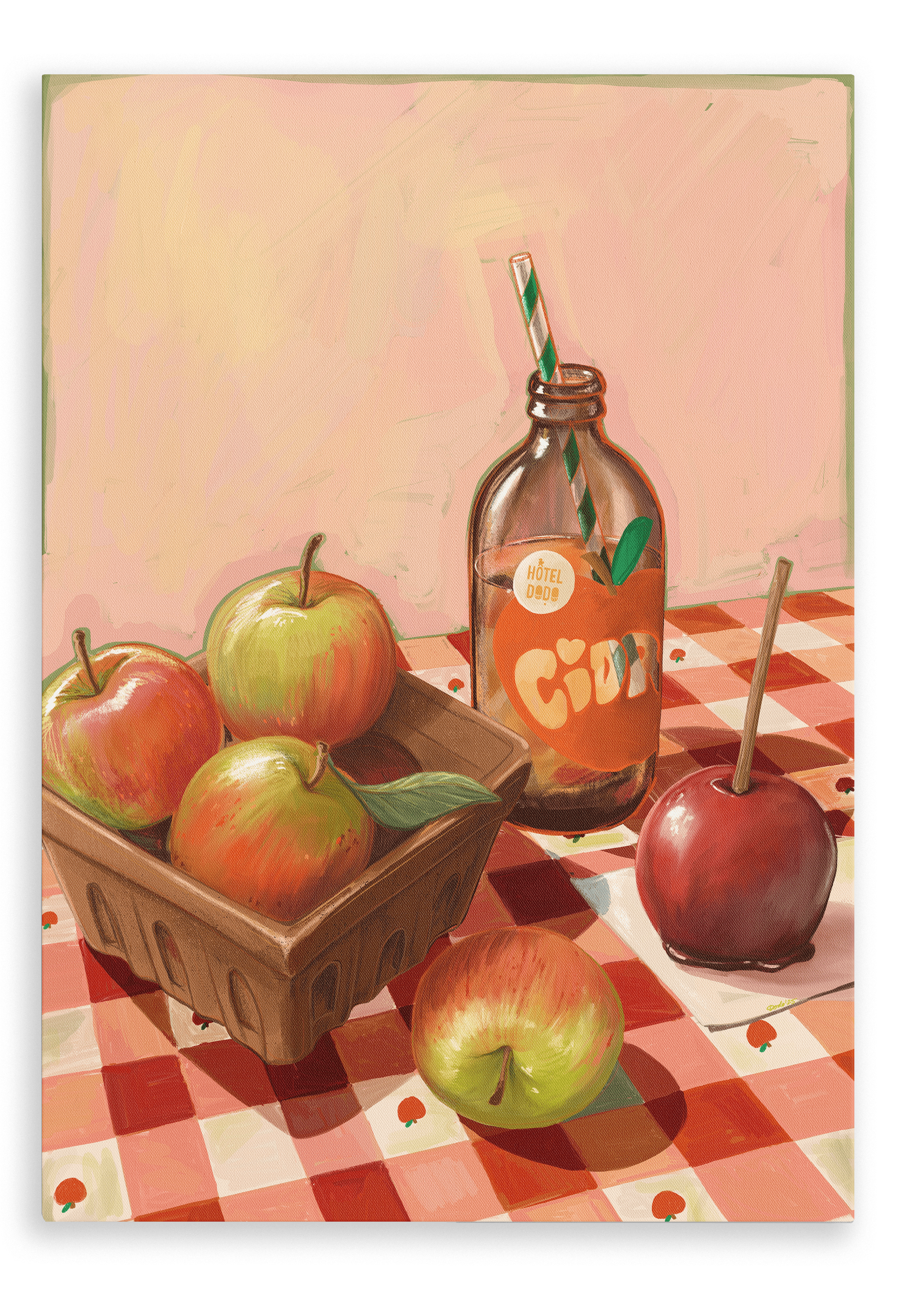 An Apple Core Giclée Canvas Print by Hôtel Dodo rests atop a red and white checkered tablecloth, capturing the nostalgic charm of an apple orchard harvest.