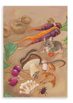 Experience the whimsical charm of Kitsch Kanaveral's Earthly Delights Giclée Canvas Print, featuring a vibrant illustration of various vegetables, mushrooms, a mouse holding a berry, a snail perched on a carrot, and a beetle on a sandy surface.