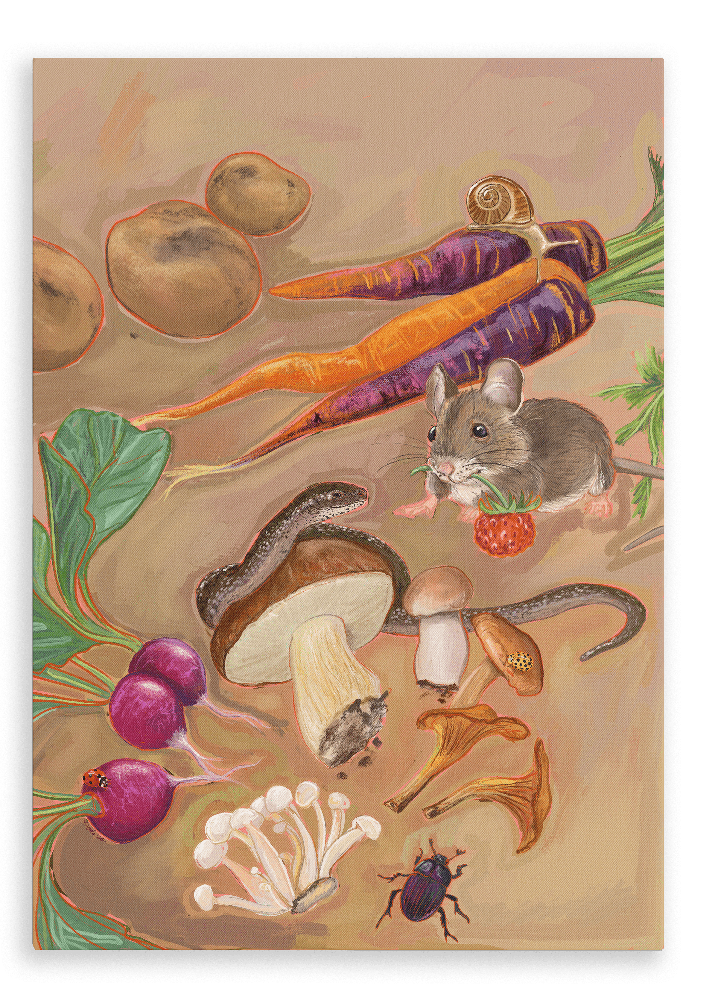 Experience the whimsical charm of Kitsch Kanaveral's Earthly Delights Giclée Canvas Print, featuring a vibrant illustration of various vegetables, mushrooms, a mouse holding a berry, a snail perched on a carrot, and a beetle on a sandy surface.