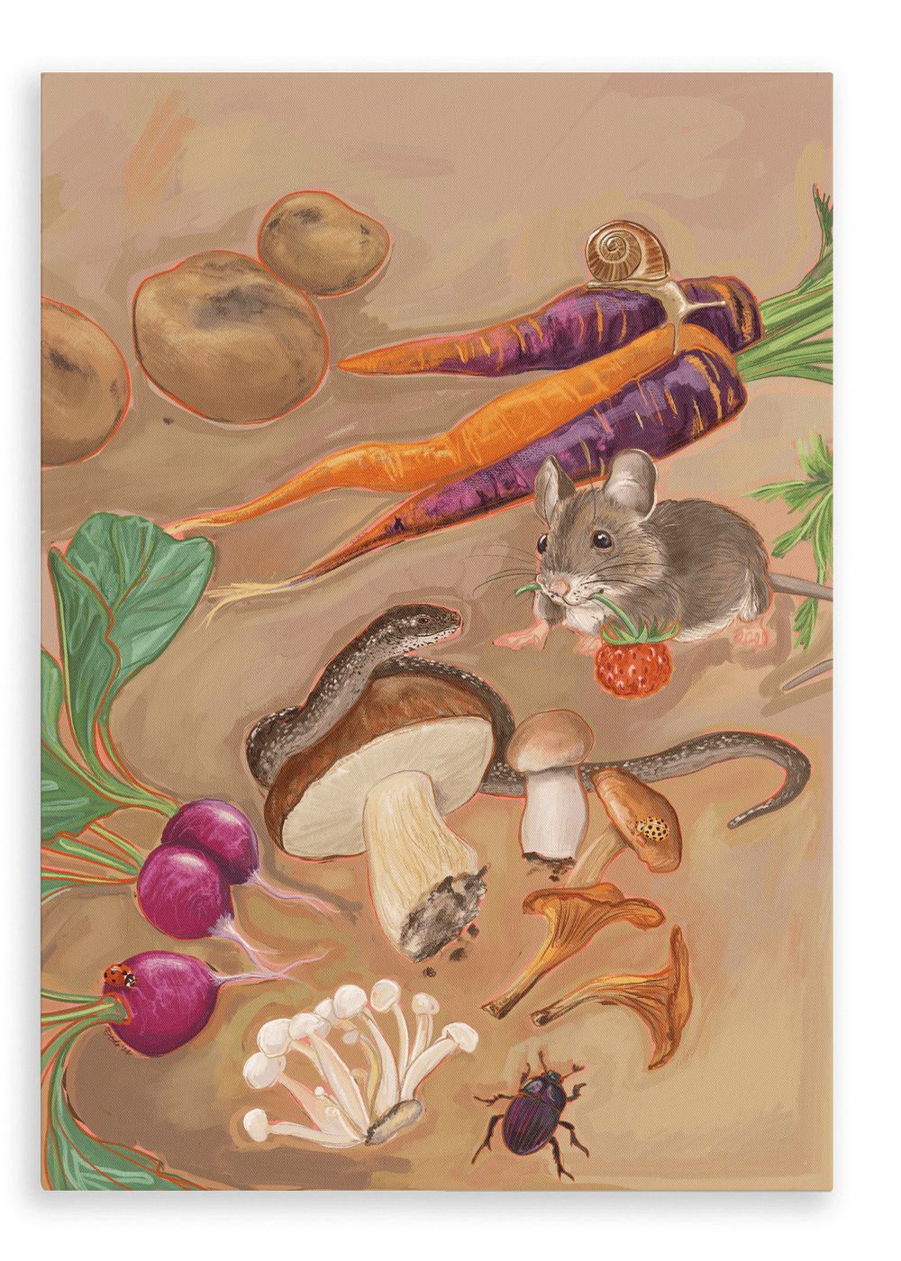 Experience the whimsical charm of Kitsch Kanaveral's Earthly Delights Giclée Canvas Print, featuring a vibrant illustration of various vegetables, mushrooms, a mouse holding a berry, a snail perched on a carrot, and a beetle on a sandy surface.