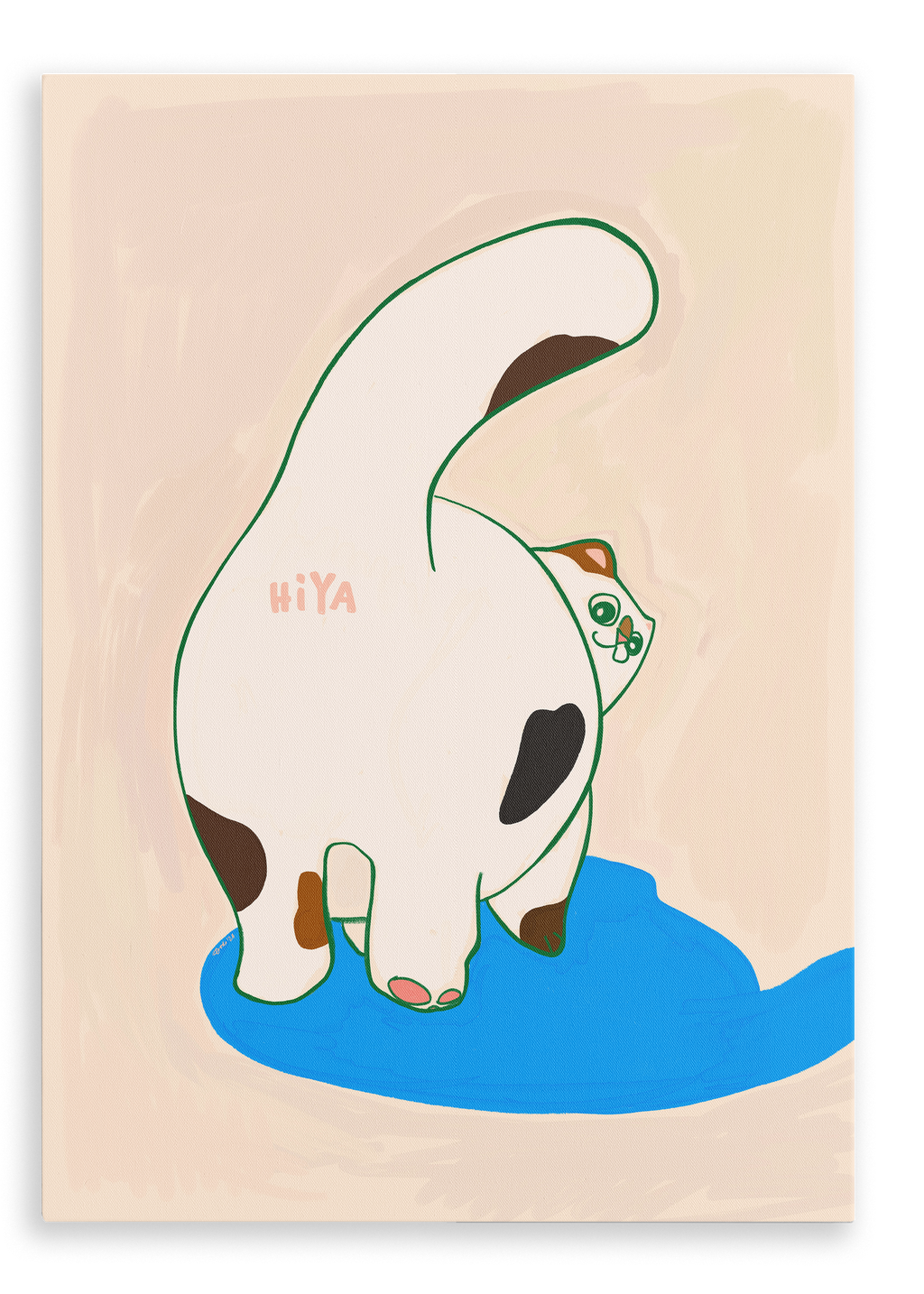 The Trudy Booty Patootie Cat Matte Canvas Print by Sketchy Strays features a stylized cat with brown spots raising its tail to reveal the word “HIYA” on its rear, standing on a blue puddle set against a beige background.
