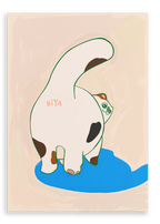 The Trudy Booty Patootie Cat Matte Canvas Print by Sketchy Strays features a stylized cat with brown spots raising its tail to reveal the word “HIYA” on its rear, standing on a blue puddle set against a beige background.