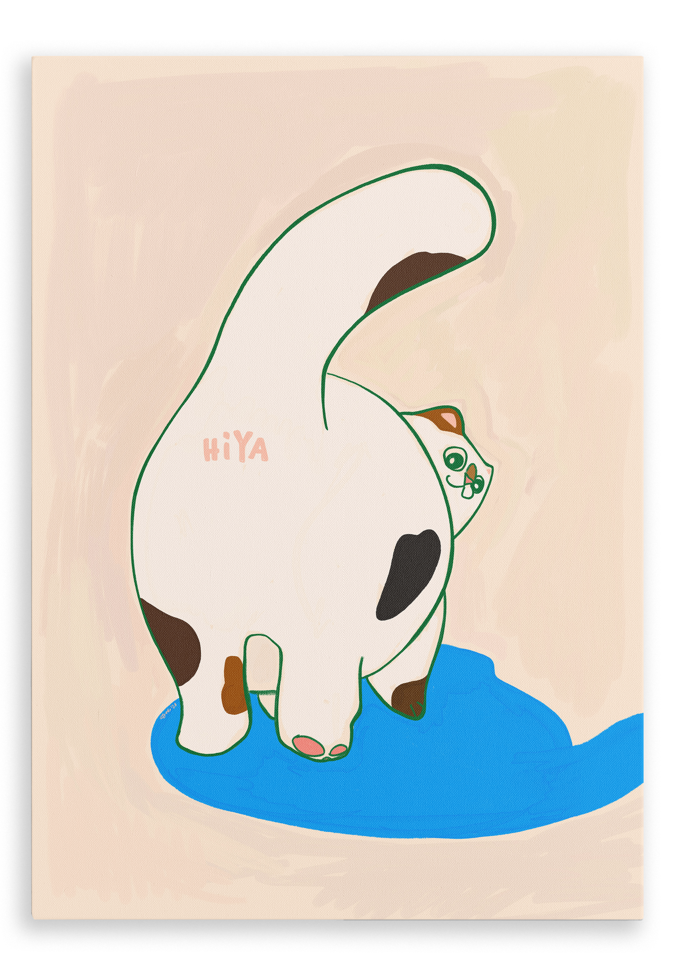 The Trudy Booty Patootie Cat Matte Canvas Print by Sketchy Strays features a stylized cat with brown spots raising its tail to reveal the word “HIYA” on its rear, standing on a blue puddle set against a beige background.