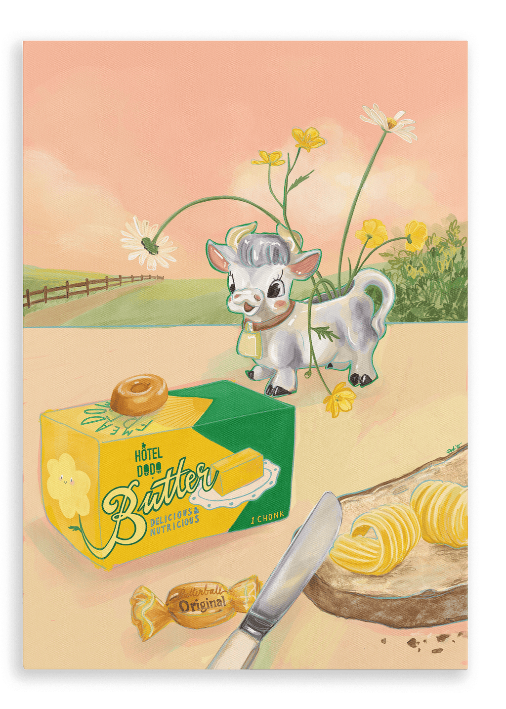 Experience the charm of the Butterlicious Giclée Canvas Print by Hôtel Dodo, featuring a painted scene with a smiling cartoon calf, a butter package, retro butter curls on bread beside a knife, and yellow flowers set against a pastel background.