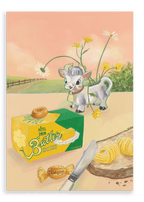 Experience the charm of the Butterlicious Giclée Canvas Print by Hôtel Dodo, featuring a painted scene with a smiling cartoon calf, a butter package, retro butter curls on bread beside a knife, and yellow flowers set against a pastel background.
