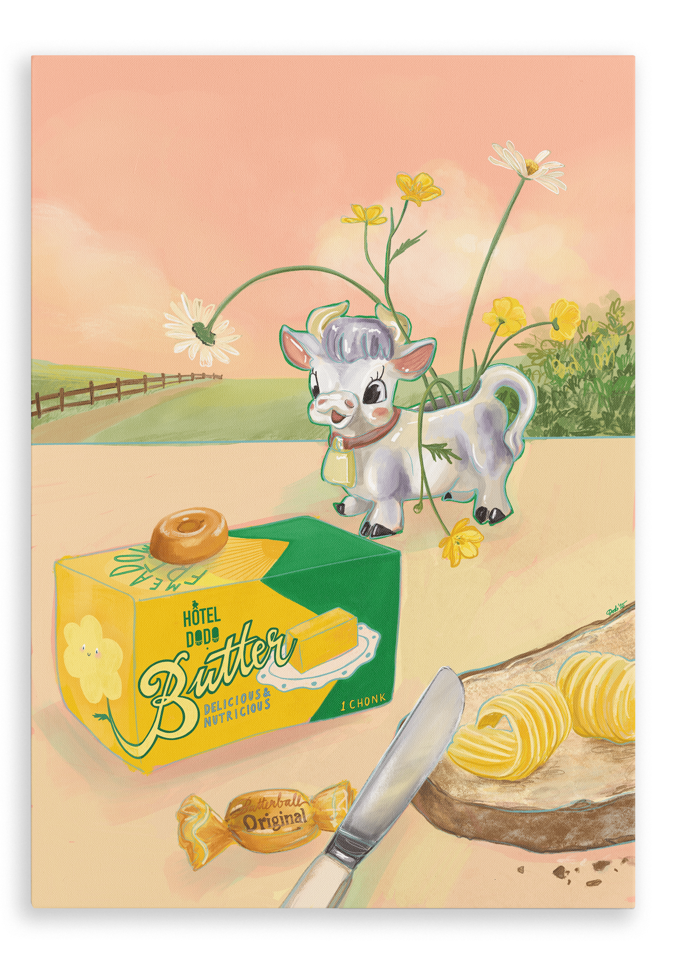 Experience the charm of the Butterlicious Giclée Canvas Print by Hôtel Dodo, featuring a painted scene with a smiling cartoon calf, a butter package, retro butter curls on bread beside a knife, and yellow flowers set against a pastel background.