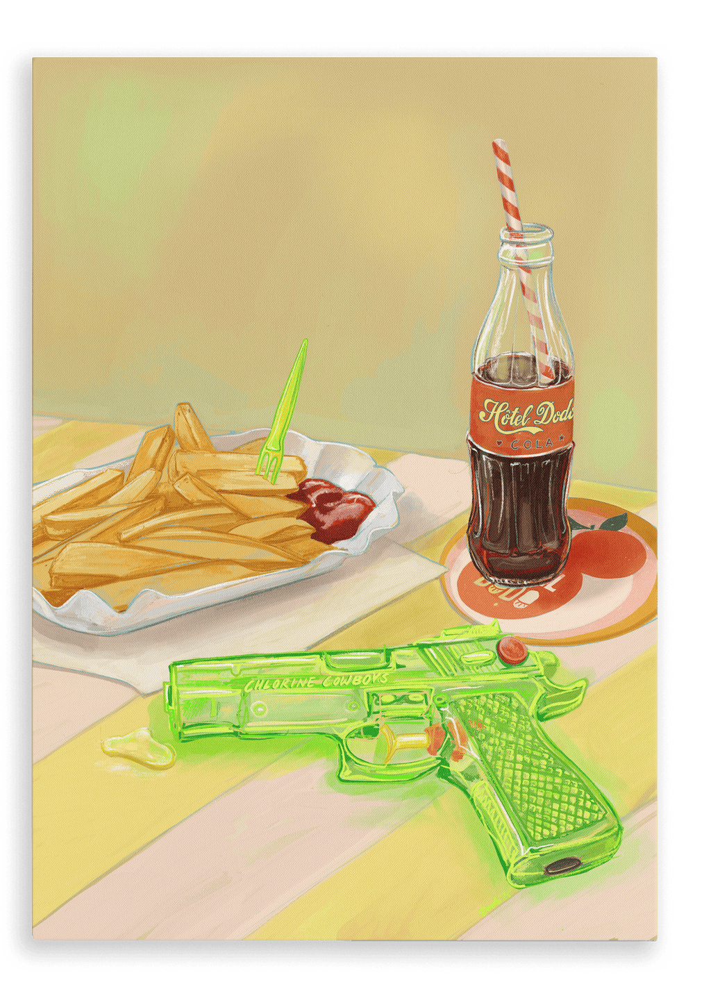 A plate of fries with ketchup, a bottle of soda with a straw, and a green plastic toy gun rest on a striped surface in this Chlorine Cowboys Giclée Canvas Print by Hôtel Dodo, evoking curated table settings and playful holiday memories.