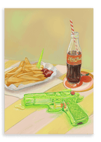 A plate of fries with ketchup, a bottle of soda with a straw, and a green plastic toy gun rest on a striped surface in this Chlorine Cowboys Giclée Canvas Print by Hôtel Dodo, evoking curated table settings and playful holiday memories.