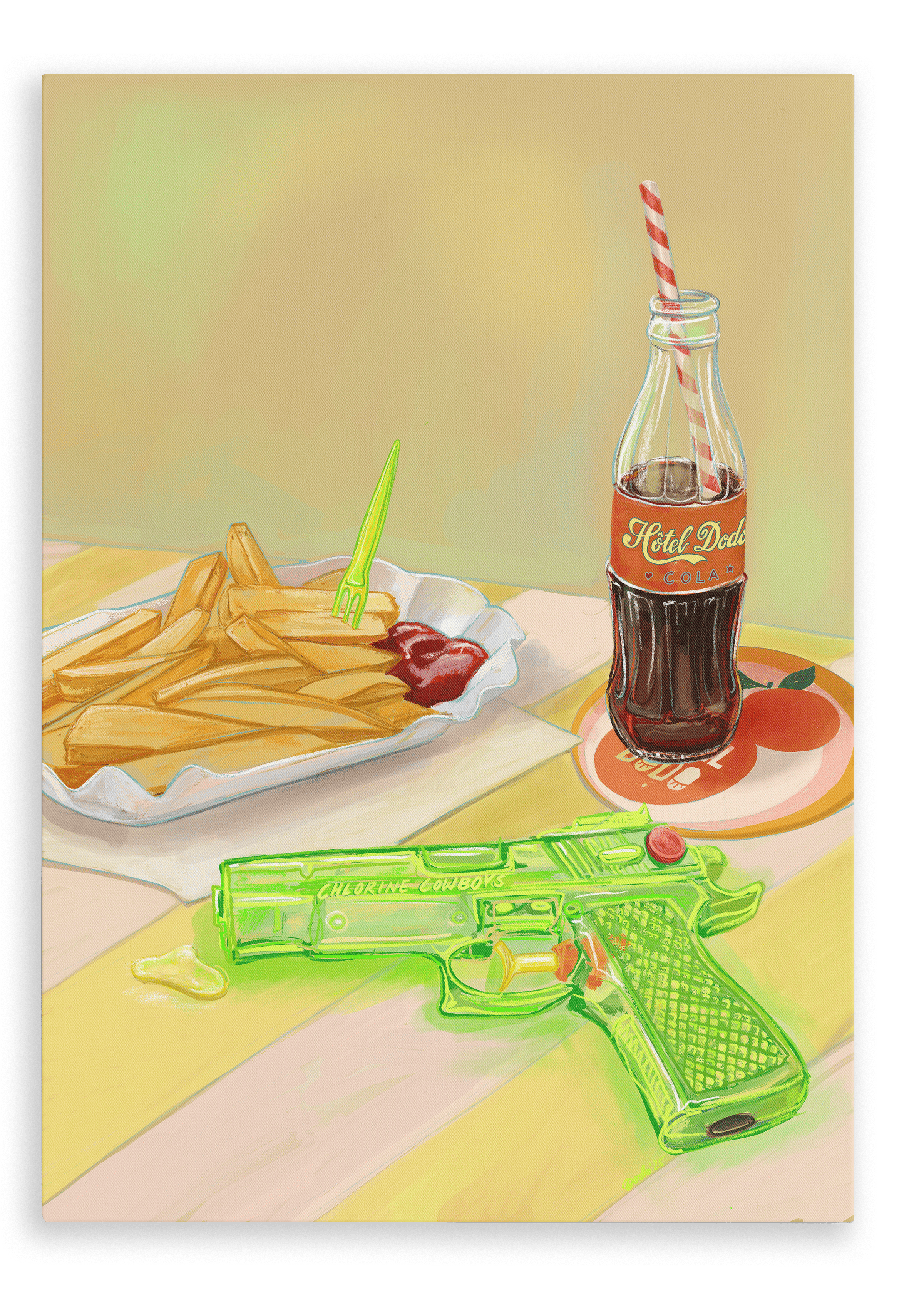 A plate of fries with ketchup, a bottle of soda with a straw, and a green plastic toy gun rest on a striped surface in this Chlorine Cowboys Giclée Canvas Print by Hôtel Dodo, evoking curated table settings and playful holiday memories.