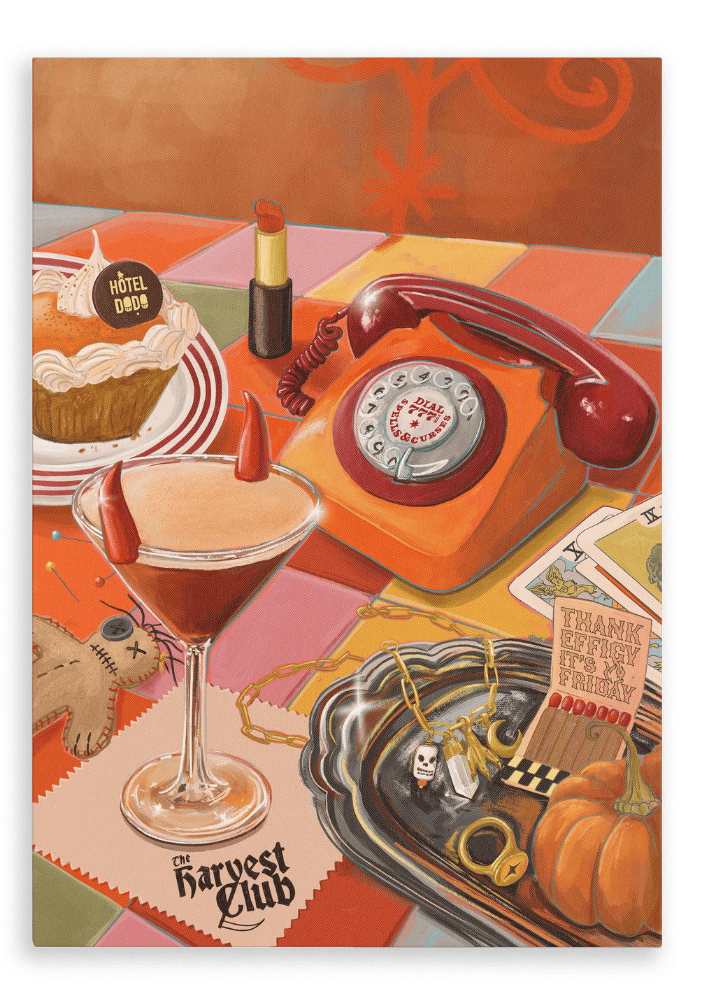 The Harvest Club Giclée Canvas Print by Hôtel Dodo features a vibrant arrangement of Halloween-themed items—including devil horns, a vintage rotary phone, lipstick, pie, jewelry, and pumpkins—displayed on a colorful tiled table to perfectly capture spooky season charm or add a touch of the paranormal to any space.