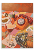 The Harvest Club Giclée Canvas Print by Hôtel Dodo features a vibrant arrangement of Halloween-themed items—including devil horns, a vintage rotary phone, lipstick, pie, jewelry, and pumpkins—displayed on a colorful tiled table to perfectly capture spooky season charm or add a touch of the paranormal to any space.