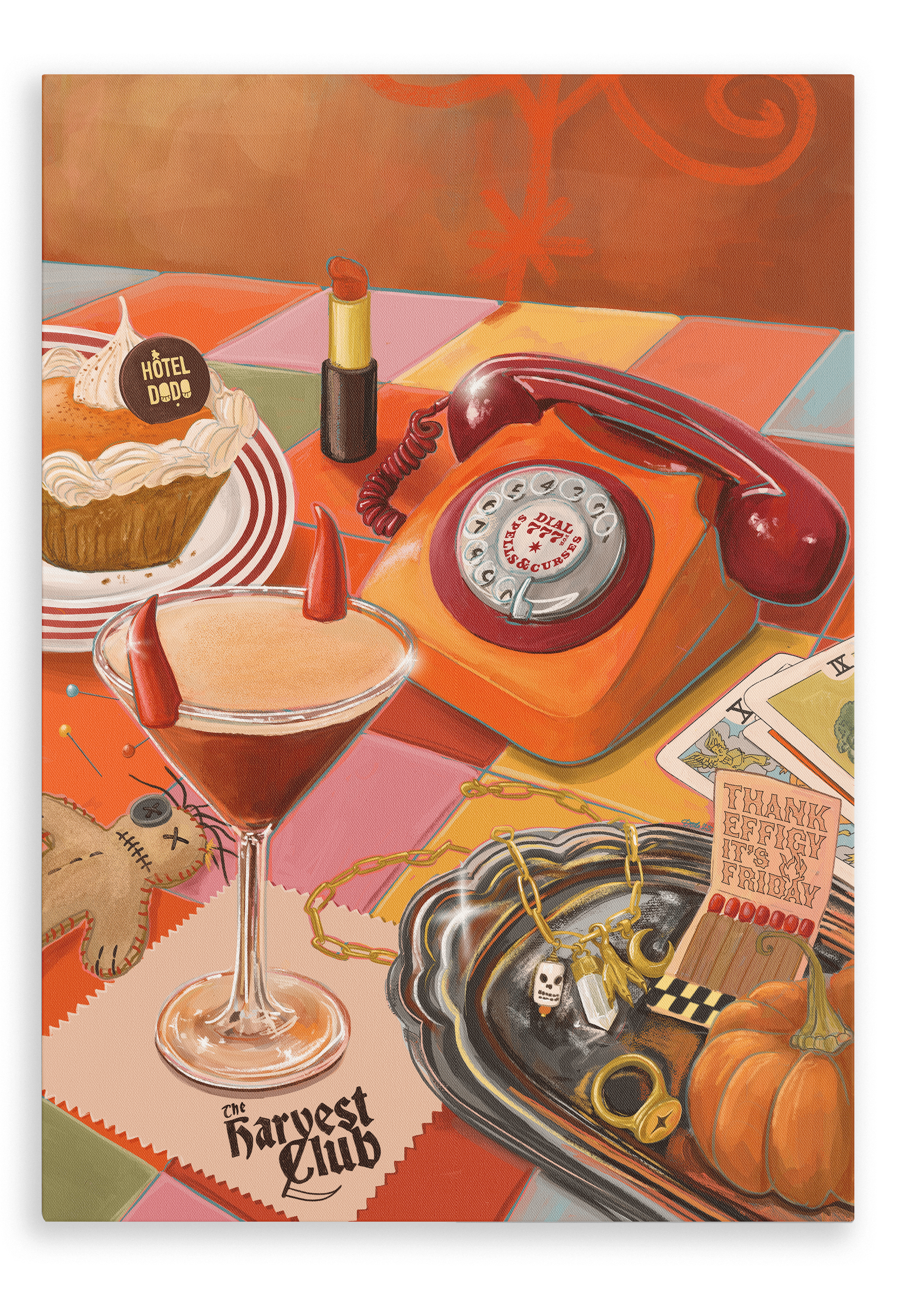The Harvest Club Giclée Canvas Print by Hôtel Dodo features a vibrant arrangement of Halloween-themed items—including devil horns, a vintage rotary phone, lipstick, pie, jewelry, and pumpkins—displayed on a colorful tiled table to perfectly capture spooky season charm or add a touch of the paranormal to any space.