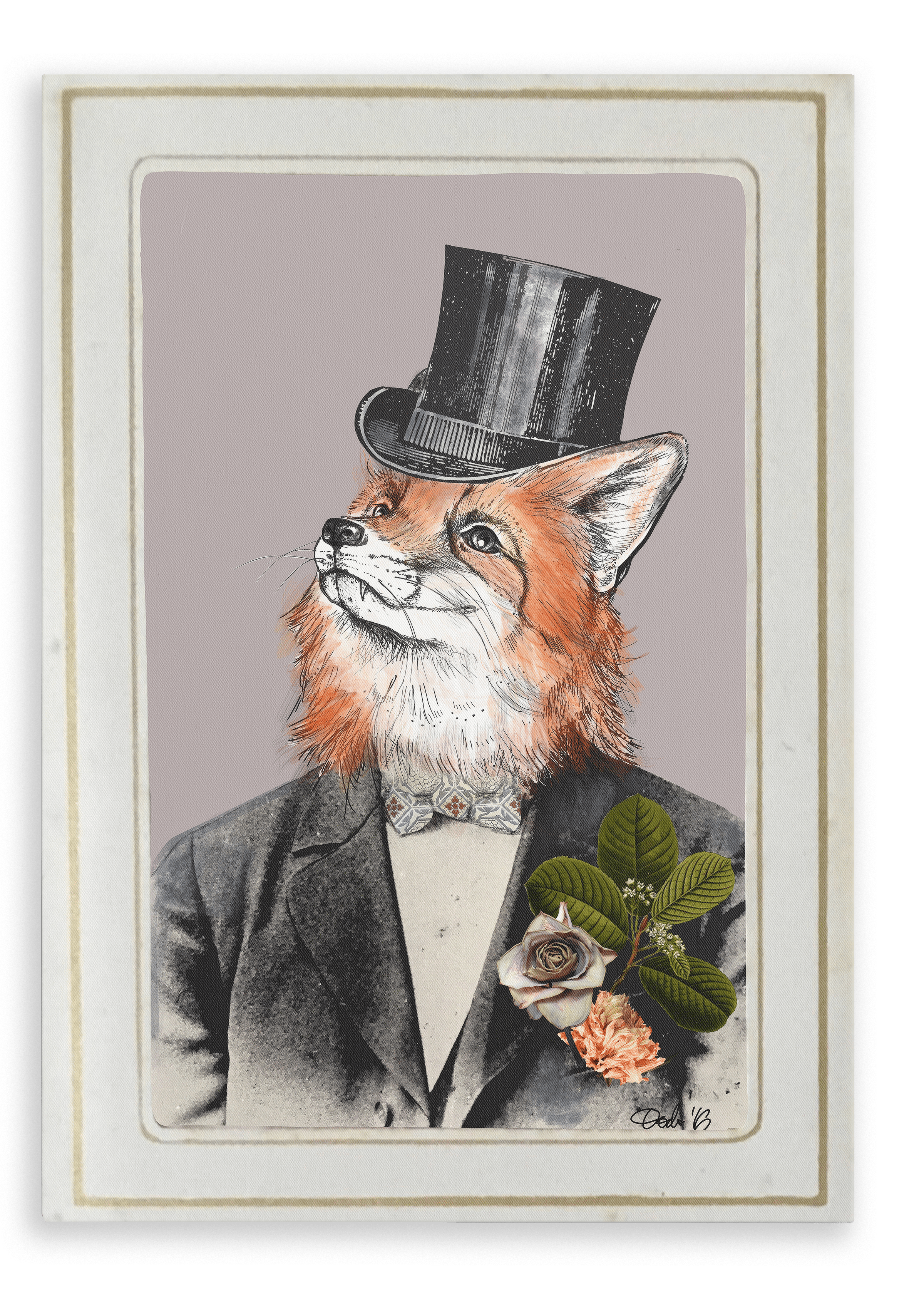 Discover the Fox In A Suit Canvas Print by Animals In Suits: a vintage-style portrait featuring a refined fox dressed in a suit and top hat, complete with a floral boutonnière on its lapel. Inspired by classic botanical art, this canvas blends timeless elegance with detailed floral accents for a sophisticated touch to your space.