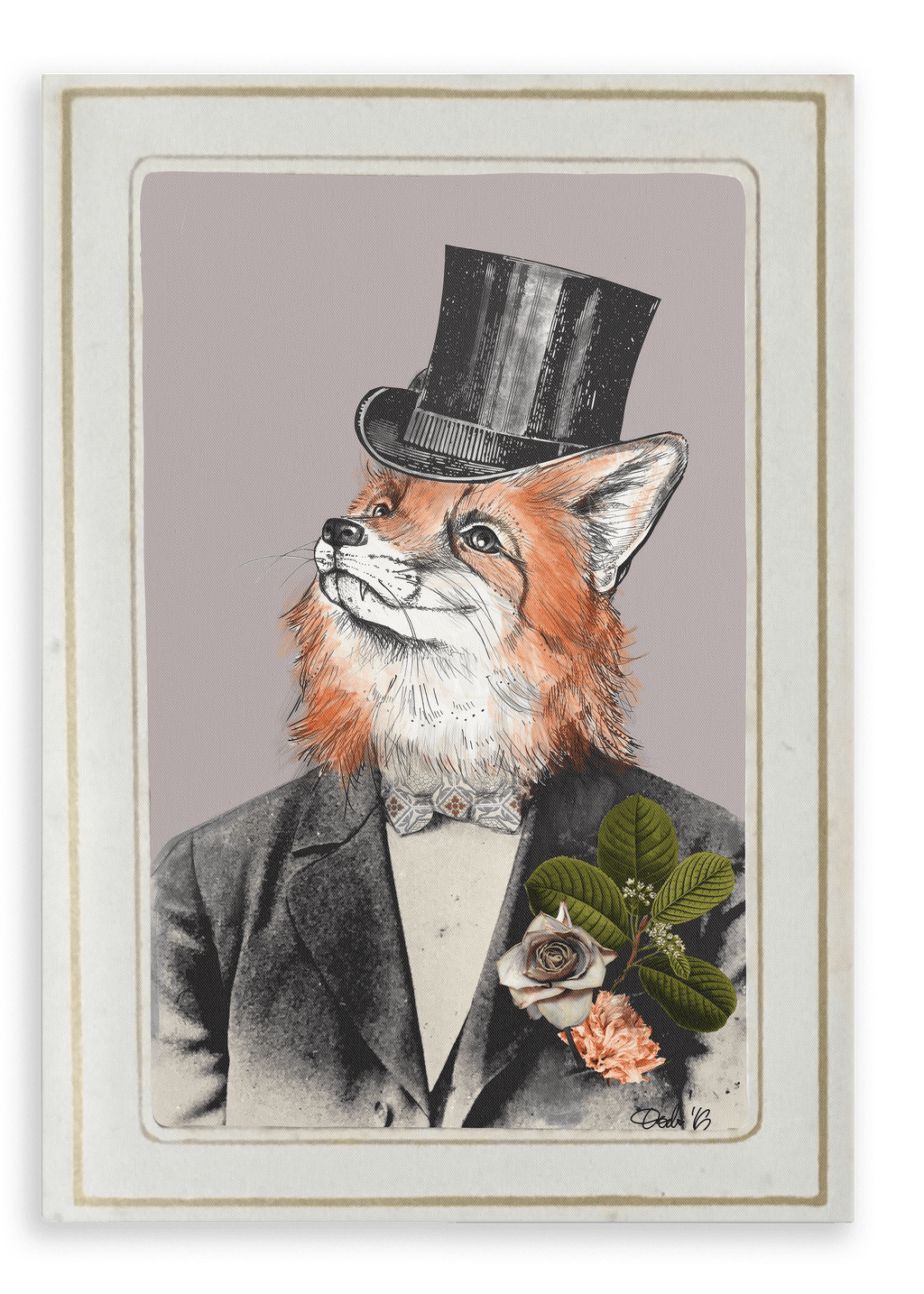 Discover the Fox In A Suit Canvas Print by Animals In Suits: a vintage-style portrait featuring a refined fox dressed in a suit and top hat, complete with a floral boutonnière on its lapel. Inspired by classic botanical art, this canvas blends timeless elegance with detailed floral accents for a sophisticated touch to your space.