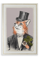 Discover the Fox In A Suit Canvas Print by Animals In Suits: a vintage-style portrait featuring a refined fox dressed in a suit and top hat, complete with a floral boutonnière on its lapel. Inspired by classic botanical art, this canvas blends timeless elegance with detailed floral accents for a sophisticated touch to your space.