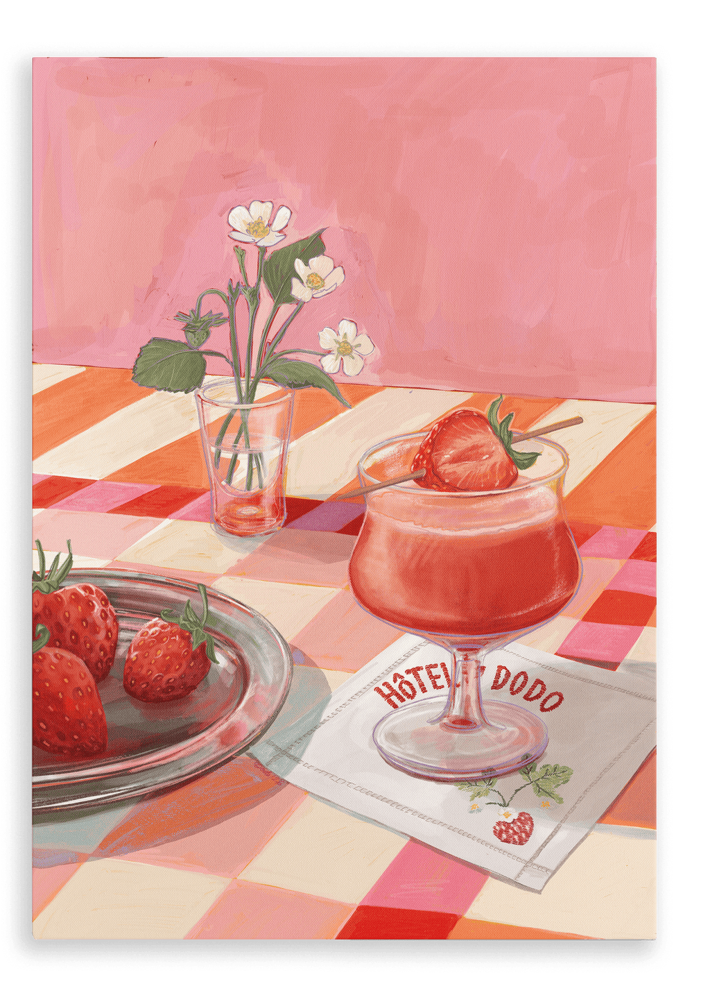 A glass of strawberry cocktail rests on a checkered table alongside fresh strawberries, a napkin marked “Hôtel Dodo,” and a petite white floral arrangement—every detail evoking the charm of the Daiquiri Dreams Giclée Canvas Print by Hôtel Dodo.