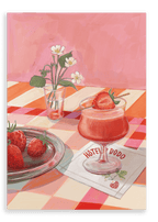 A glass of strawberry cocktail rests on a checkered table alongside fresh strawberries, a napkin marked “Hôtel Dodo,” and a petite white floral arrangement—every detail evoking the charm of the Daiquiri Dreams Giclée Canvas Print by Hôtel Dodo.