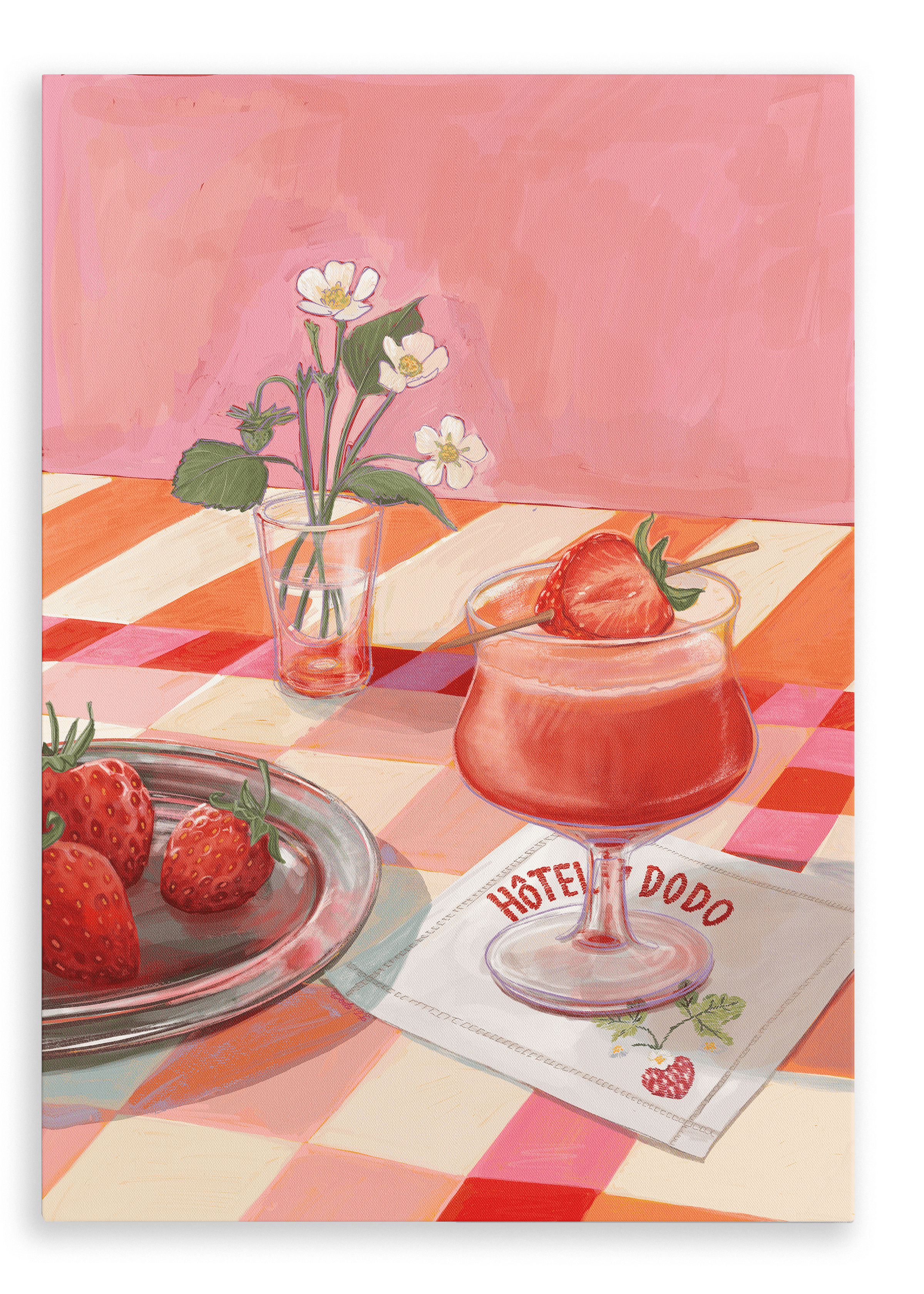 A glass of strawberry cocktail rests on a checkered table alongside fresh strawberries, a napkin marked “Hôtel Dodo,” and a petite white floral arrangement—every detail evoking the charm of the Daiquiri Dreams Giclée Canvas Print by Hôtel Dodo.