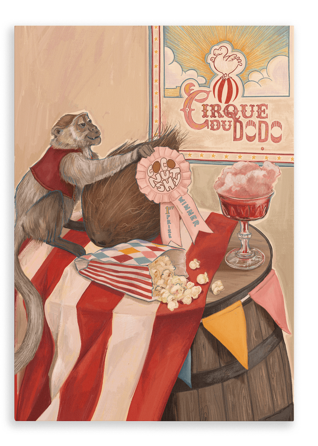 A monkey in a red vest sits on a striped table alongside a coconut, popcorn, and pink cotton candy—perhaps eyeing some whimsical cotton candy cocktails. In the background, the playful atmosphere of circus games and funfair is captured with an award ribbon and the Hôtel Dodo “Coconut Shy Cirque Du Dodo” Giclée Canvas Print.