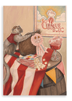 A monkey in a red vest sits on a striped table alongside a coconut, popcorn, and pink cotton candy—perhaps eyeing some whimsical cotton candy cocktails. In the background, the playful atmosphere of circus games and funfair is captured with an award ribbon and the Hôtel Dodo “Coconut Shy Cirque Du Dodo” Giclée Canvas Print.