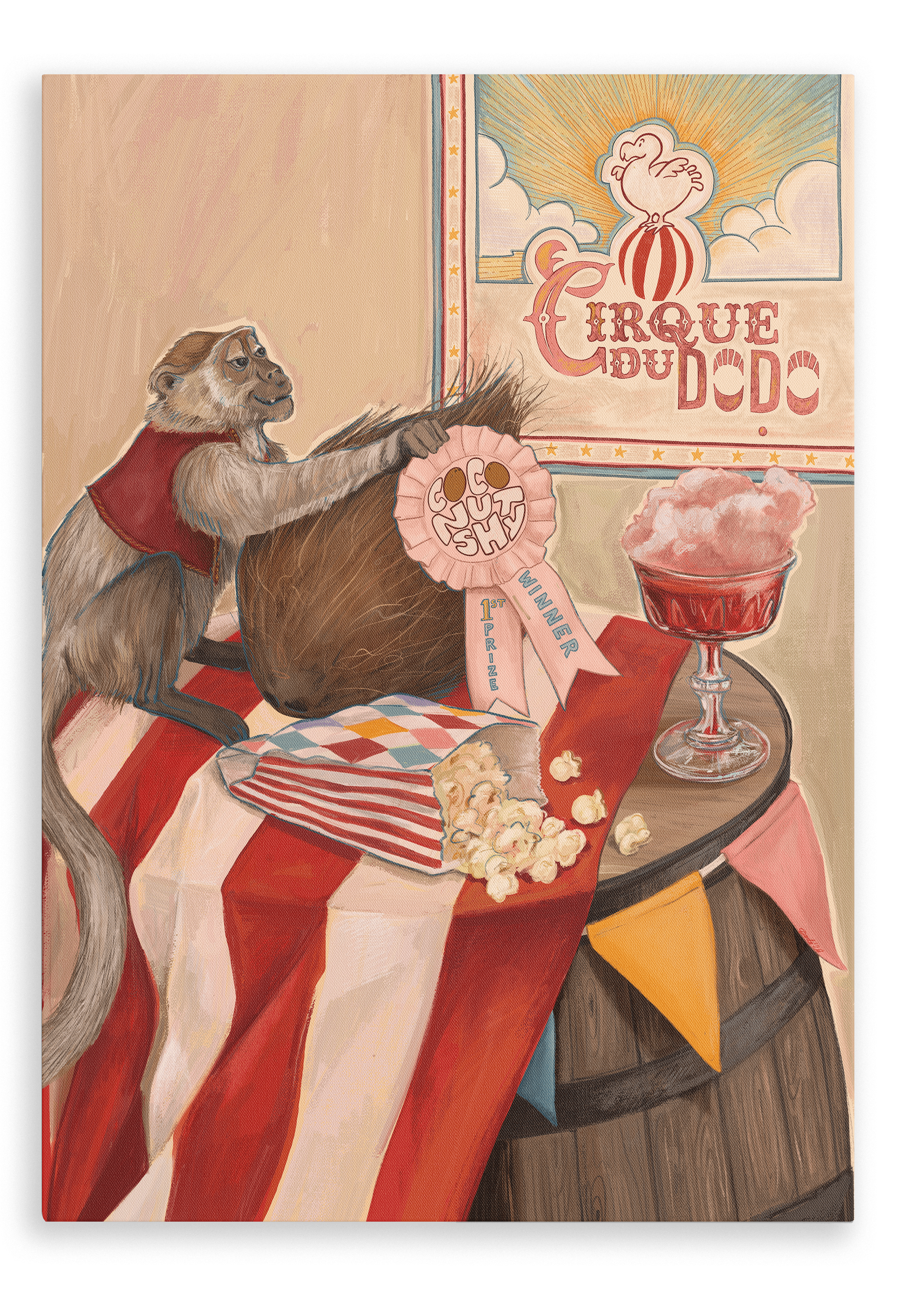 A monkey in a red vest sits on a striped table alongside a coconut, popcorn, and pink cotton candy—perhaps eyeing some whimsical cotton candy cocktails. In the background, the playful atmosphere of circus games and funfair is captured with an award ribbon and the Hôtel Dodo “Coconut Shy Cirque Du Dodo” Giclée Canvas Print.