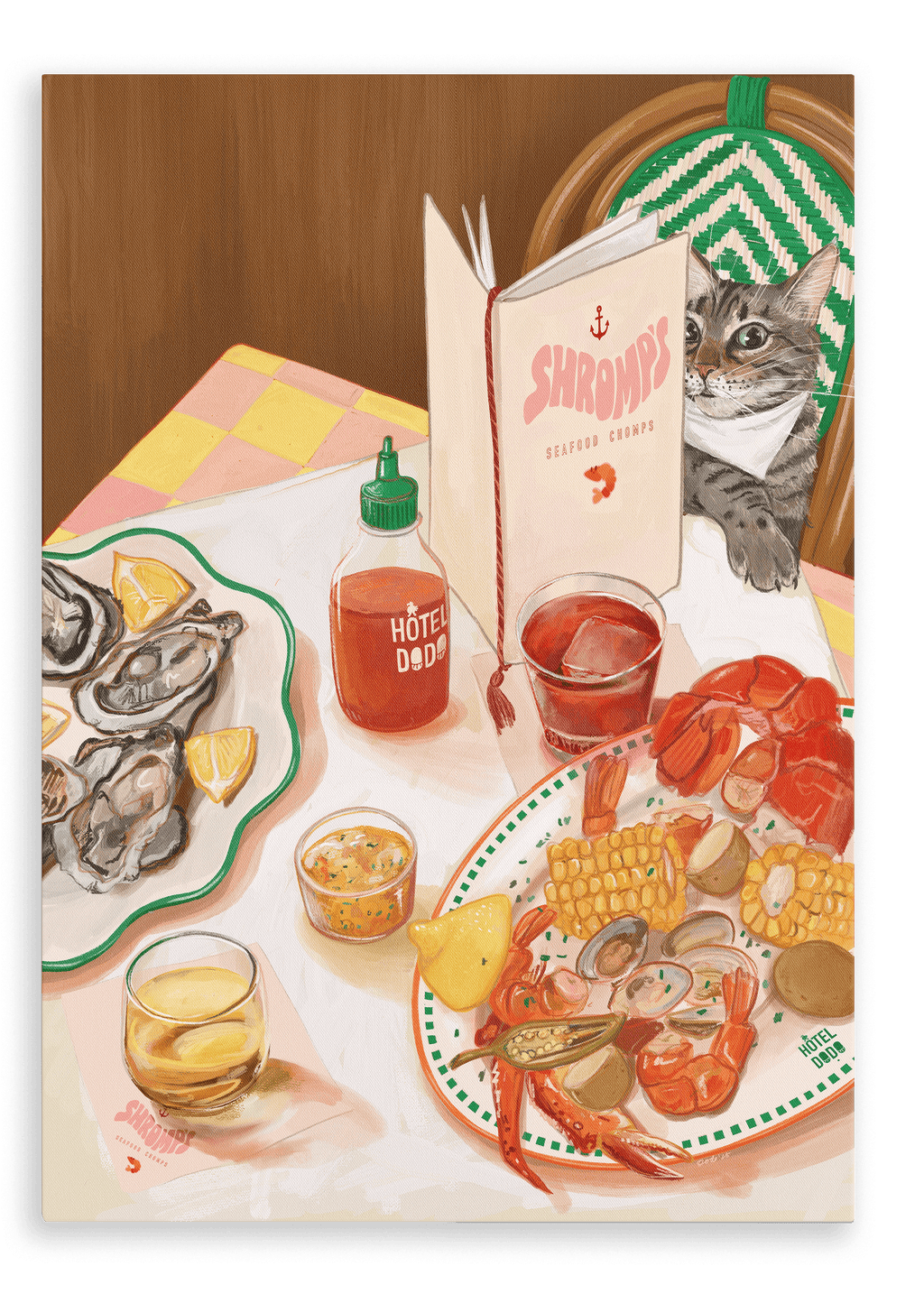 A cat sits at a table in a cozy seafood restaurant, reading a seafood menu, surrounded by plates of oysters, a hearty seafood boil, sauces—including hot sauce—and a glass of drink on a checkered tablecloth, as depicted in the “Shromp’s Seafood Chomps Giclée Canvas Print” by Hôtel Dodo.