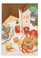 A cat sits at a table in a cozy seafood restaurant, reading a seafood menu, surrounded by plates of oysters, a hearty seafood boil, sauces—including hot sauce—and a glass of drink on a checkered tablecloth, as depicted in the “Shromp’s Seafood Chomps Giclée Canvas Print” by Hôtel Dodo.