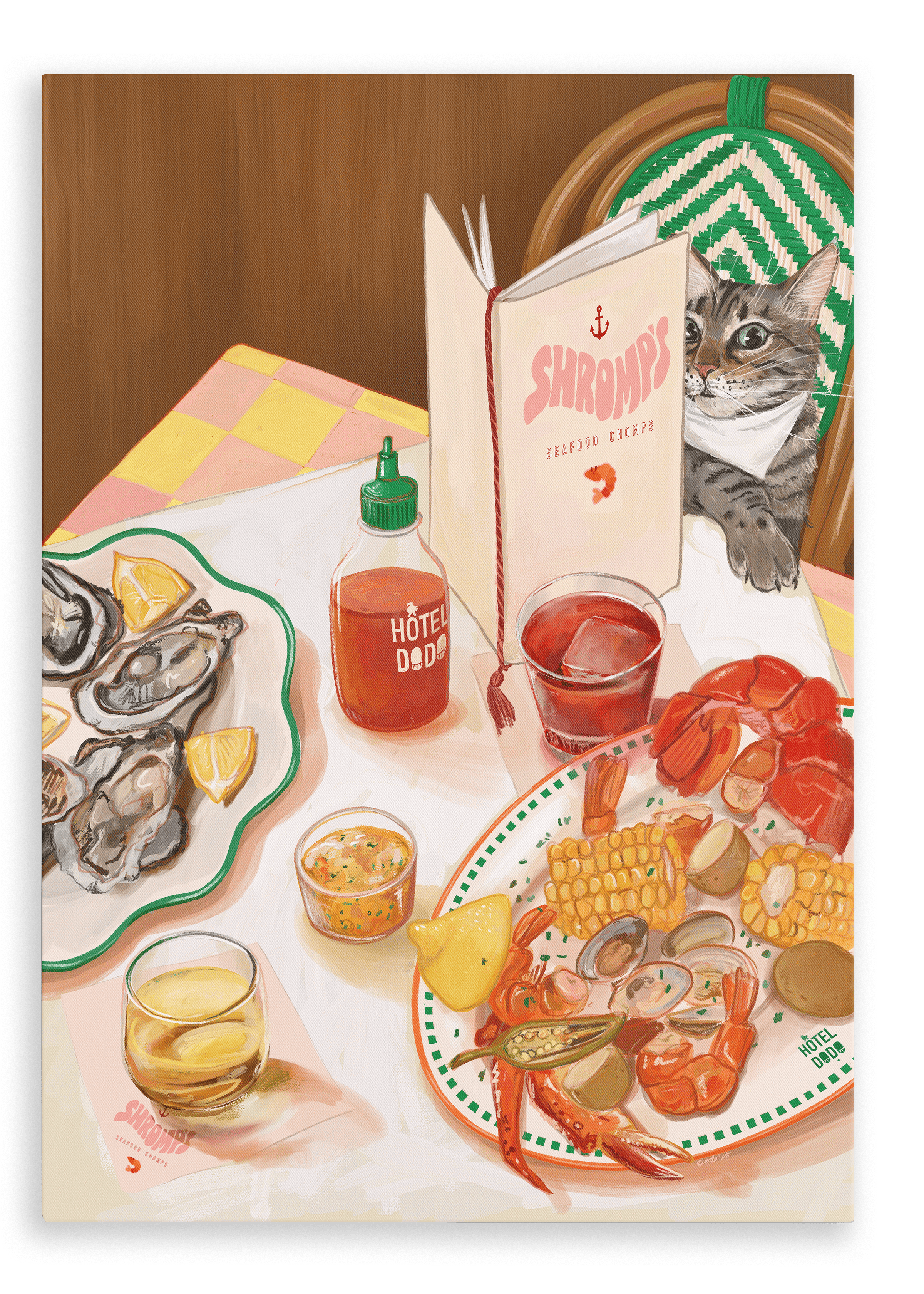 A cat sits at a table in a cozy seafood restaurant, reading a seafood menu, surrounded by plates of oysters, a hearty seafood boil, sauces—including hot sauce—and a glass of drink on a checkered tablecloth, as depicted in the “Shromp’s Seafood Chomps Giclée Canvas Print” by Hôtel Dodo.