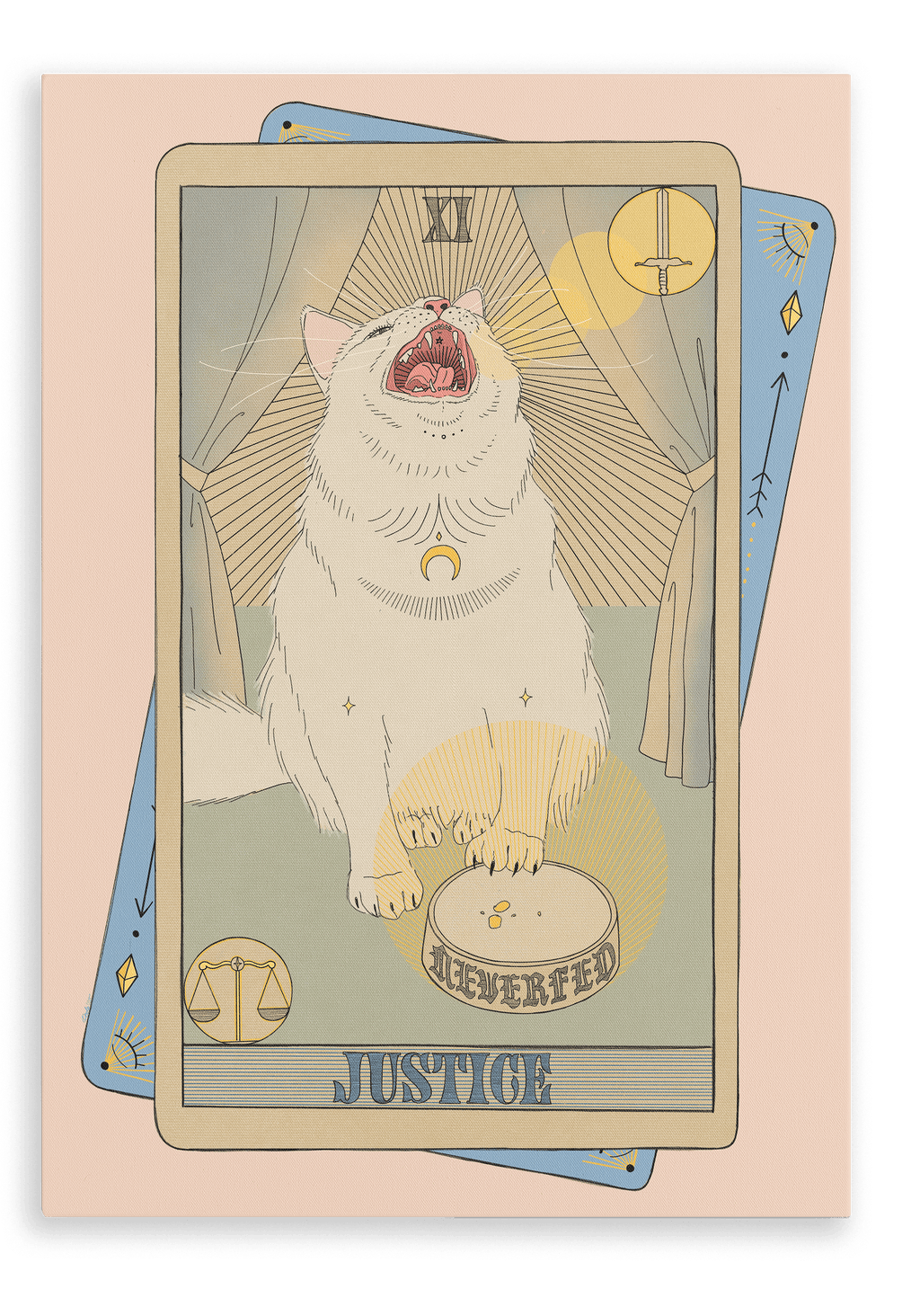 Experience the “Justice Canvas Print” by Tarot Cats: a captivating illustration features a cat meowing atop the Justice tarot card, its golden collar gleaming as it thoughtfully rests a paw on a scale. Another tarot card peeks from beneath, while balanced Libra and Venus energies radiate throughout this Tarot Cats design.