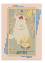 Experience the “Justice Canvas Print” by Tarot Cats: a captivating illustration features a cat meowing atop the Justice tarot card, its golden collar gleaming as it thoughtfully rests a paw on a scale. Another tarot card peeks from beneath, while balanced Libra and Venus energies radiate throughout this Tarot Cats design.