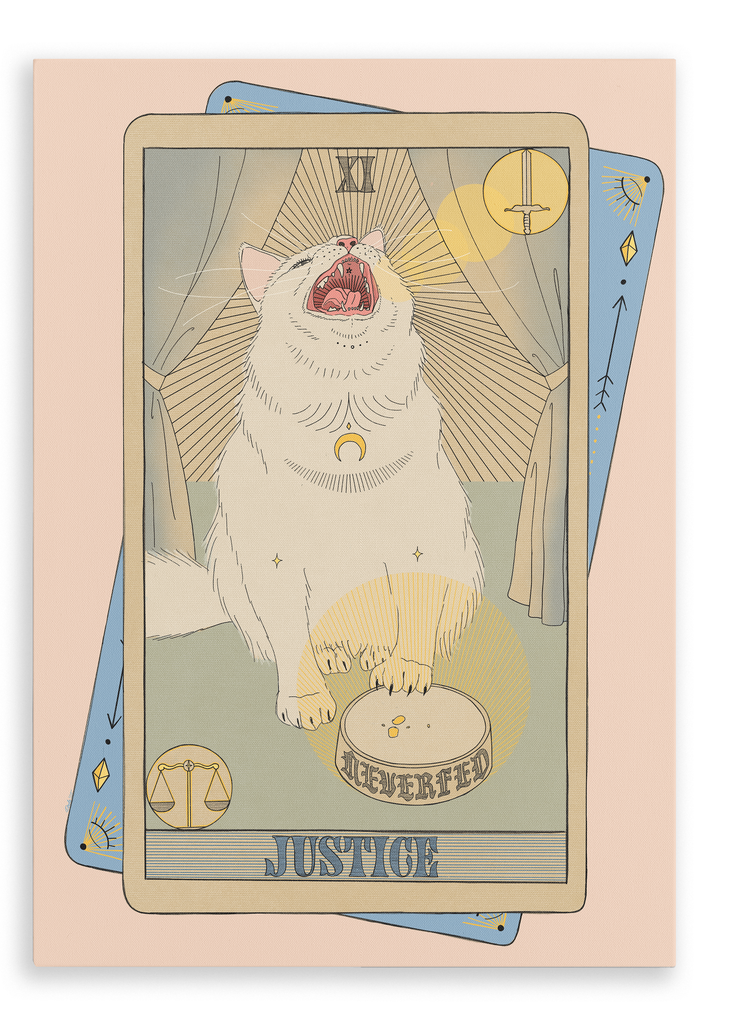 Experience the “Justice Canvas Print” by Tarot Cats: a captivating illustration features a cat meowing atop the Justice tarot card, its golden collar gleaming as it thoughtfully rests a paw on a scale. Another tarot card peeks from beneath, while balanced Libra and Venus energies radiate throughout this Tarot Cats design.