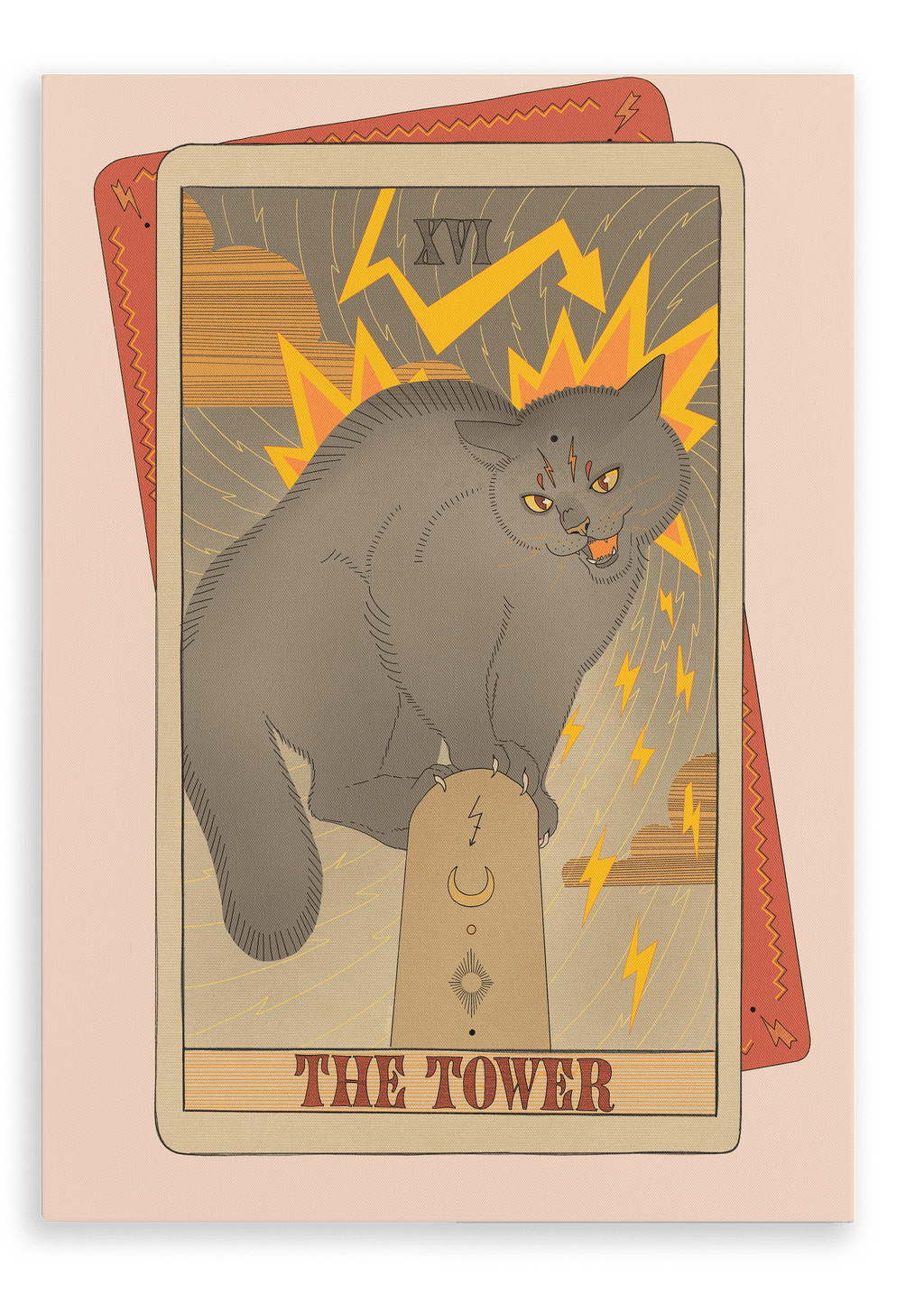 The Tower Canvas Print by Tarot Cats features a gray cat perched atop a lightning-struck tower, set against a dramatic backdrop of storm clouds and lightning bolts. This eye-catching artwork is ideal for collectors of vintage tarot cards and cat-themed art.