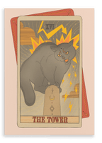 The Tower Canvas Print by Tarot Cats features a gray cat perched atop a lightning-struck tower, set against a dramatic backdrop of storm clouds and lightning bolts. This eye-catching artwork is ideal for collectors of vintage tarot cards and cat-themed art.