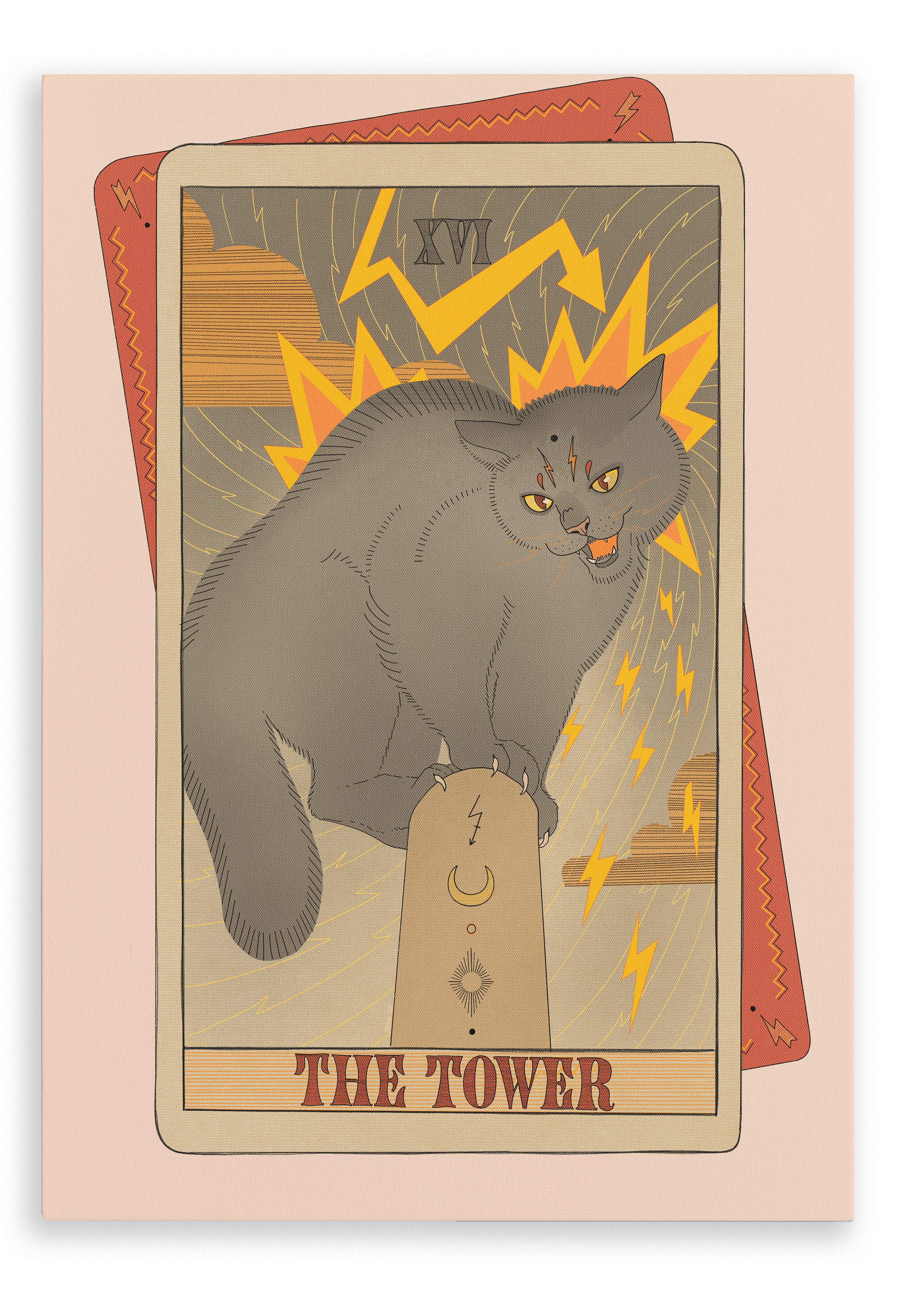 The Tower Canvas Print by Tarot Cats features a gray cat perched atop a lightning-struck tower, set against a dramatic backdrop of storm clouds and lightning bolts. This eye-catching artwork is ideal for collectors of vintage tarot cards and cat-themed art.