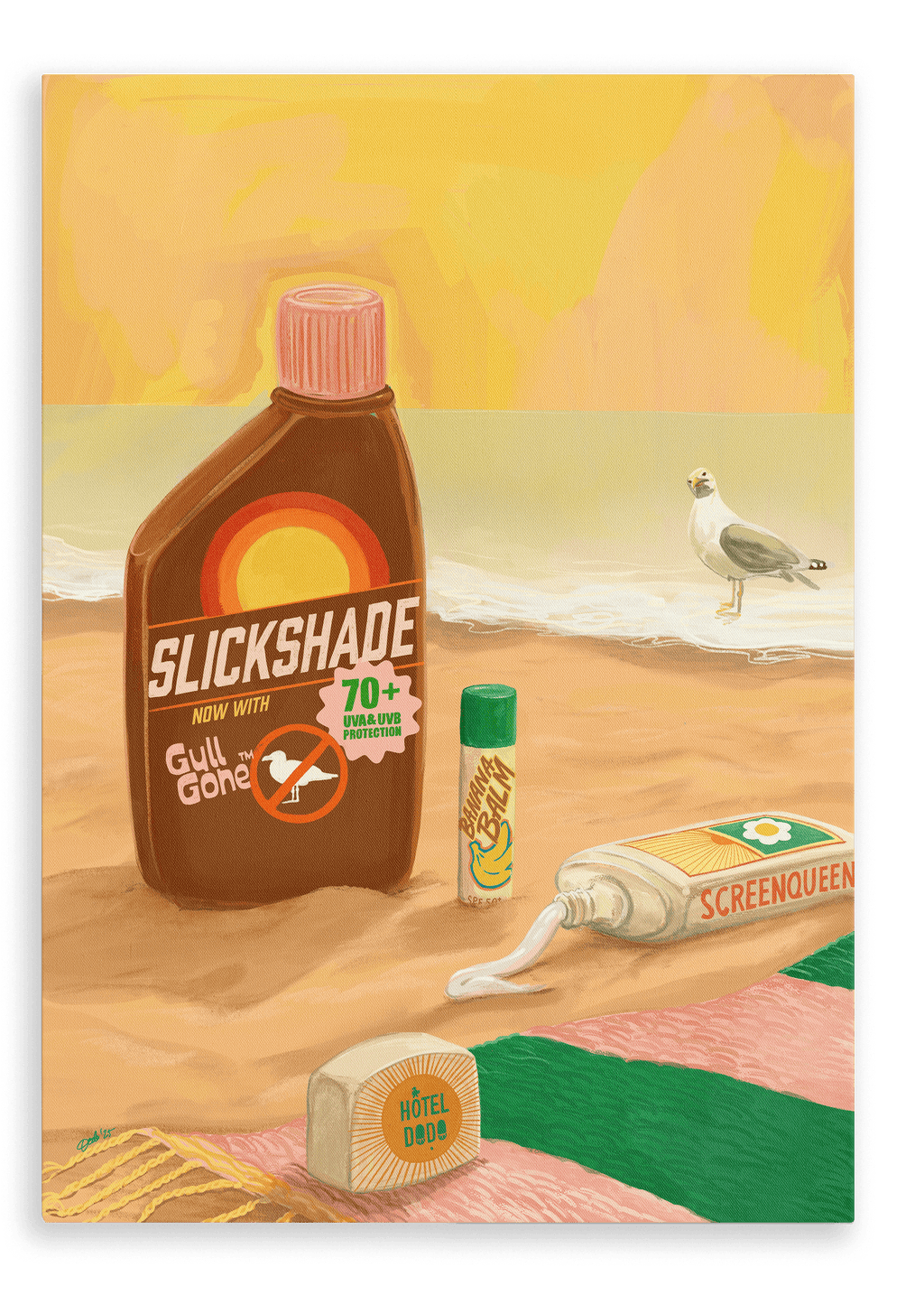 A beach scene featuring a Screen Queen Giclée Canvas Print by Hôtel Dodo, with a bottle labeled “Slickshade” offering SPF seagull protection, a tube labeled “Screen Queen,” a stick, a soap bar labeled “Hôtel Dodo,” a towel, and a seagull by the ocean under a yellow sky.