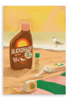 A beach scene featuring a Screen Queen Giclée Canvas Print by Hôtel Dodo, with a bottle labeled “Slickshade” offering SPF seagull protection, a tube labeled “Screen Queen,” a stick, a soap bar labeled “Hôtel Dodo,” a towel, and a seagull by the ocean under a yellow sky.
